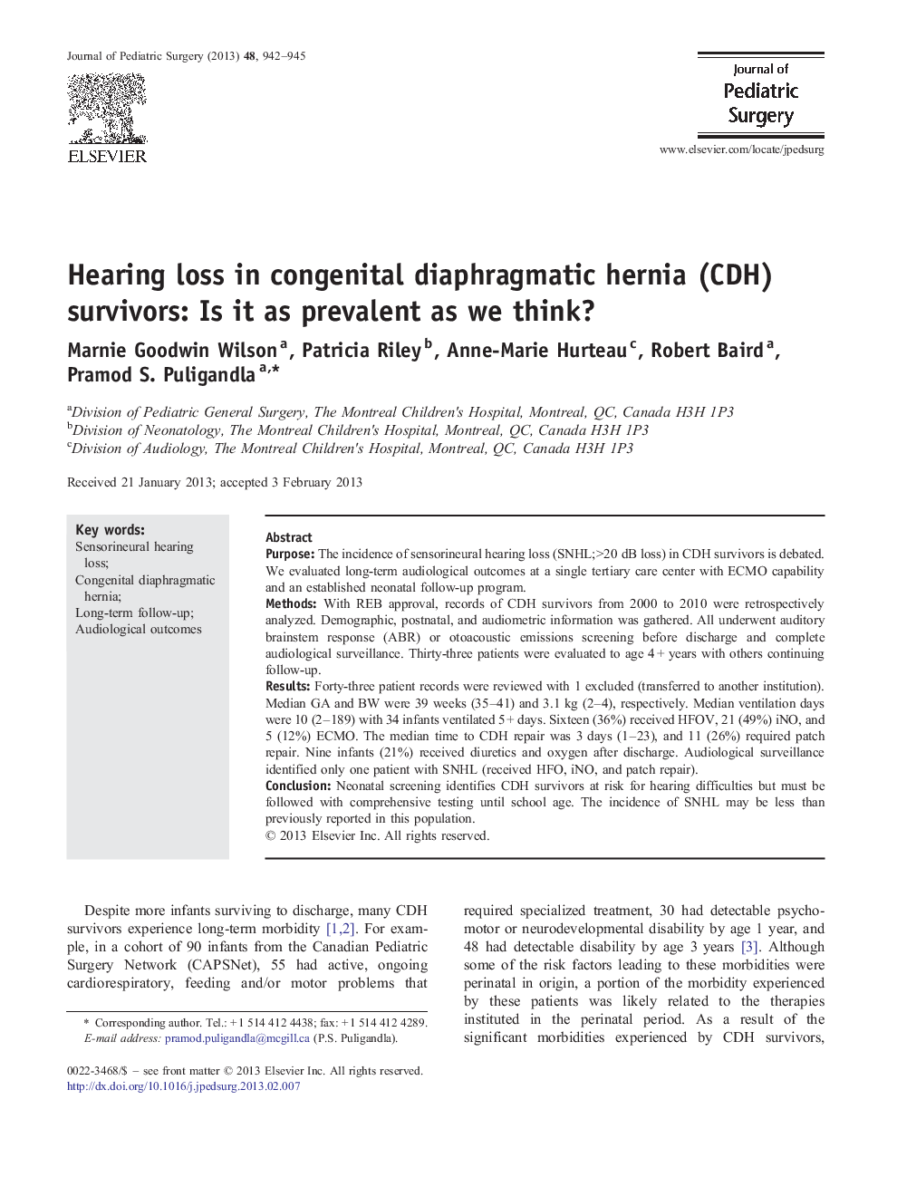 Hearing loss in congenital diaphragmatic hernia (CDH) survivors: Is it as prevalent as we think?