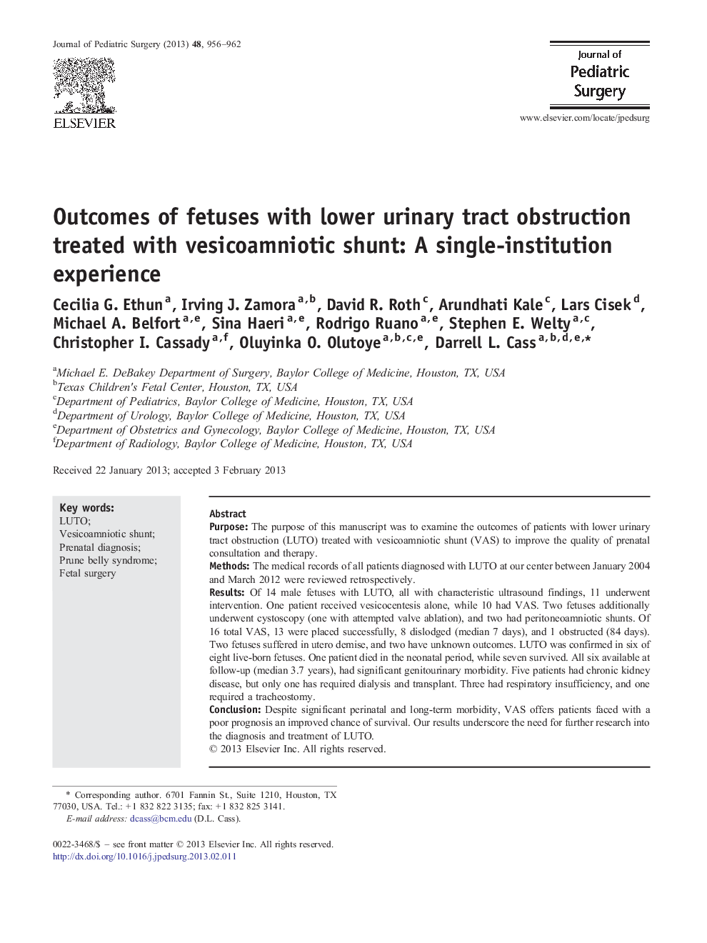 Outcomes of fetuses with lower urinary tract obstruction treated with vesicoamniotic shunt: A single-institution experience