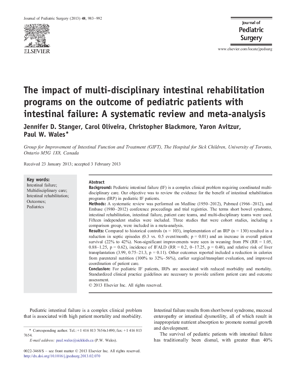 The impact of multi-disciplinary intestinal rehabilitation programs on the outcome of pediatric patients with intestinal failure: A systematic review and meta-analysis