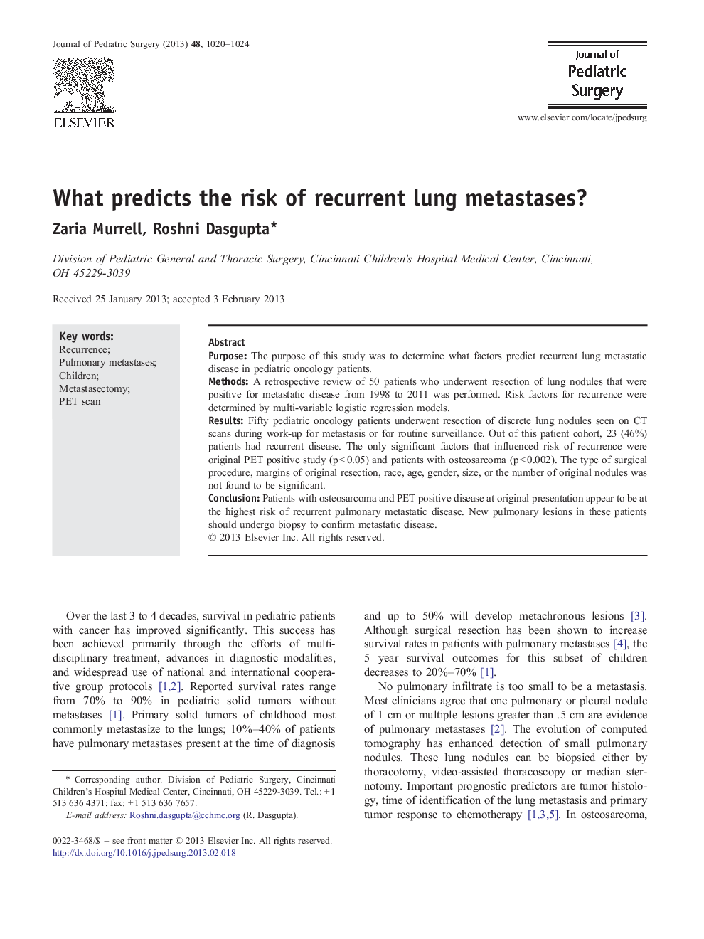 What predicts the risk of recurrent lung metastases?