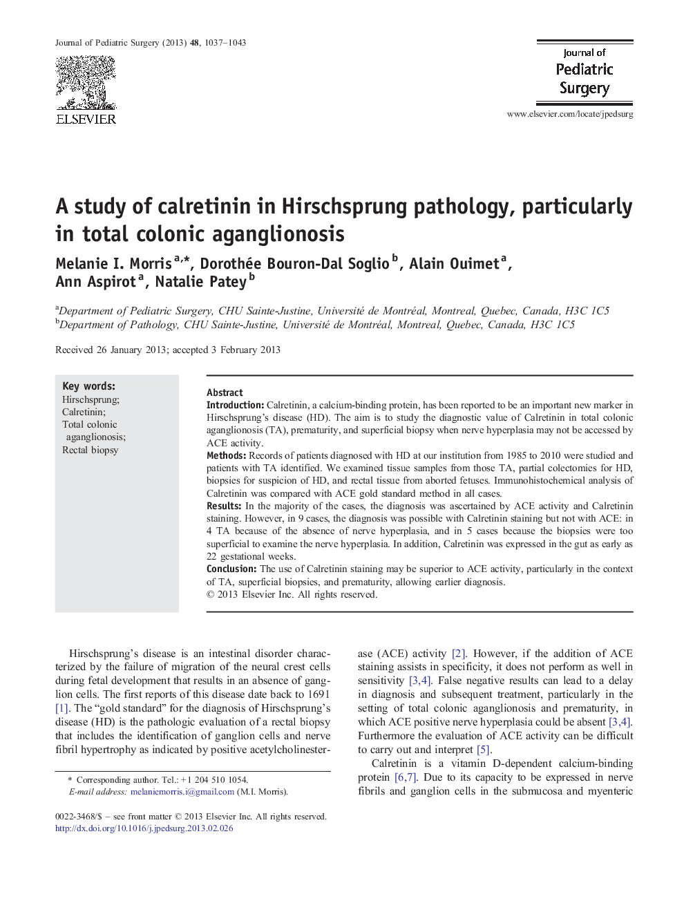 A study of calretinin in Hirschsprung pathology, particularly in total colonic aganglionosis