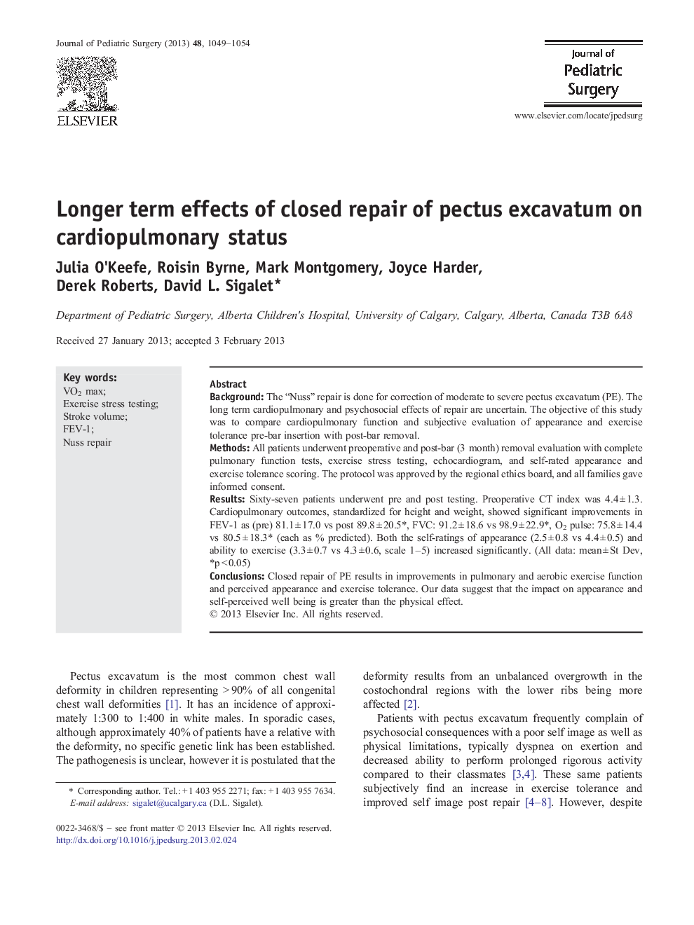 Longer term effects of closed repair of pectus excavatum on cardiopulmonary status