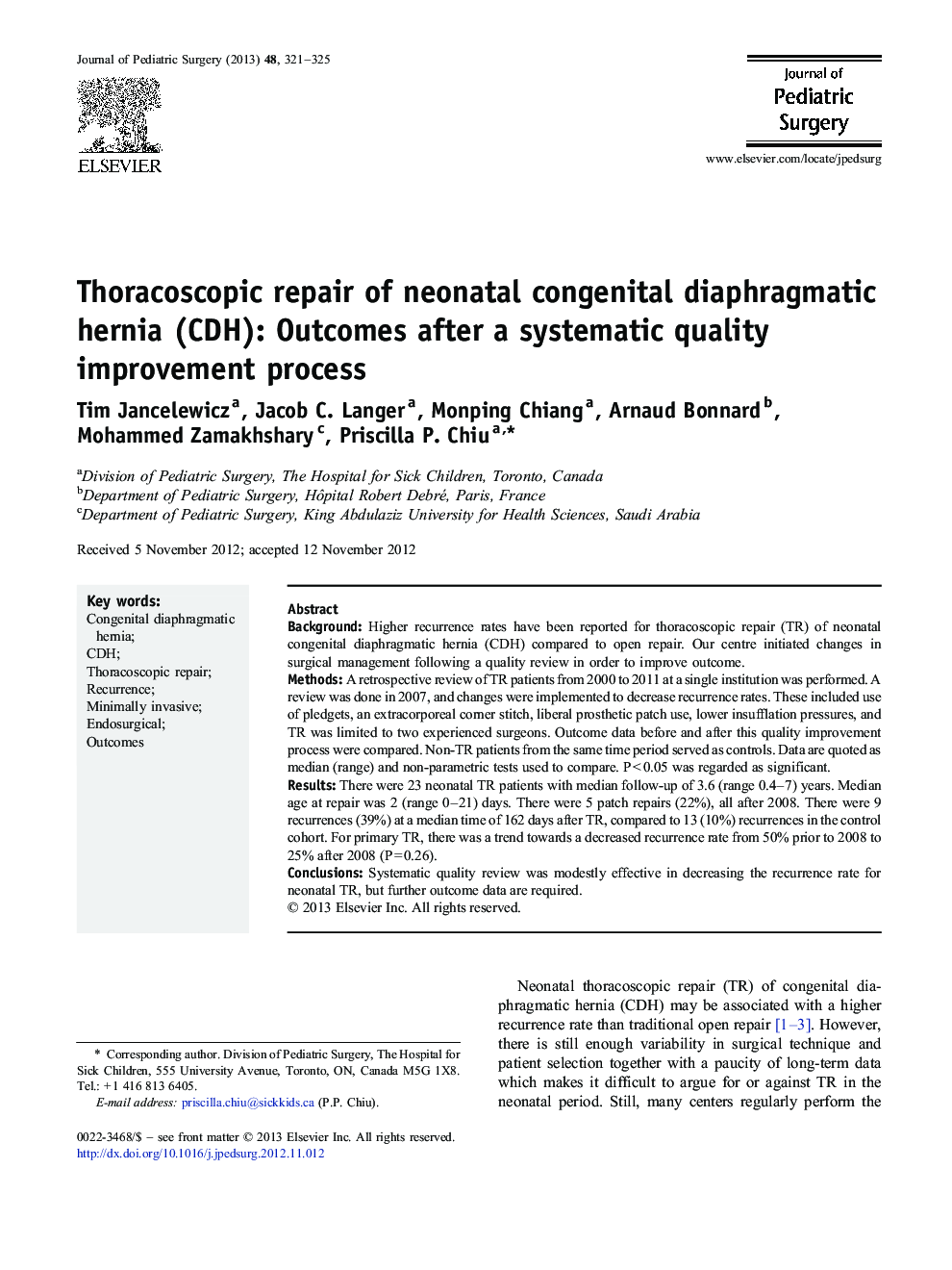 Thoracoscopic repair of neonatal congenital diaphragmatic hernia (CDH): Outcomes after a systematic quality improvement process