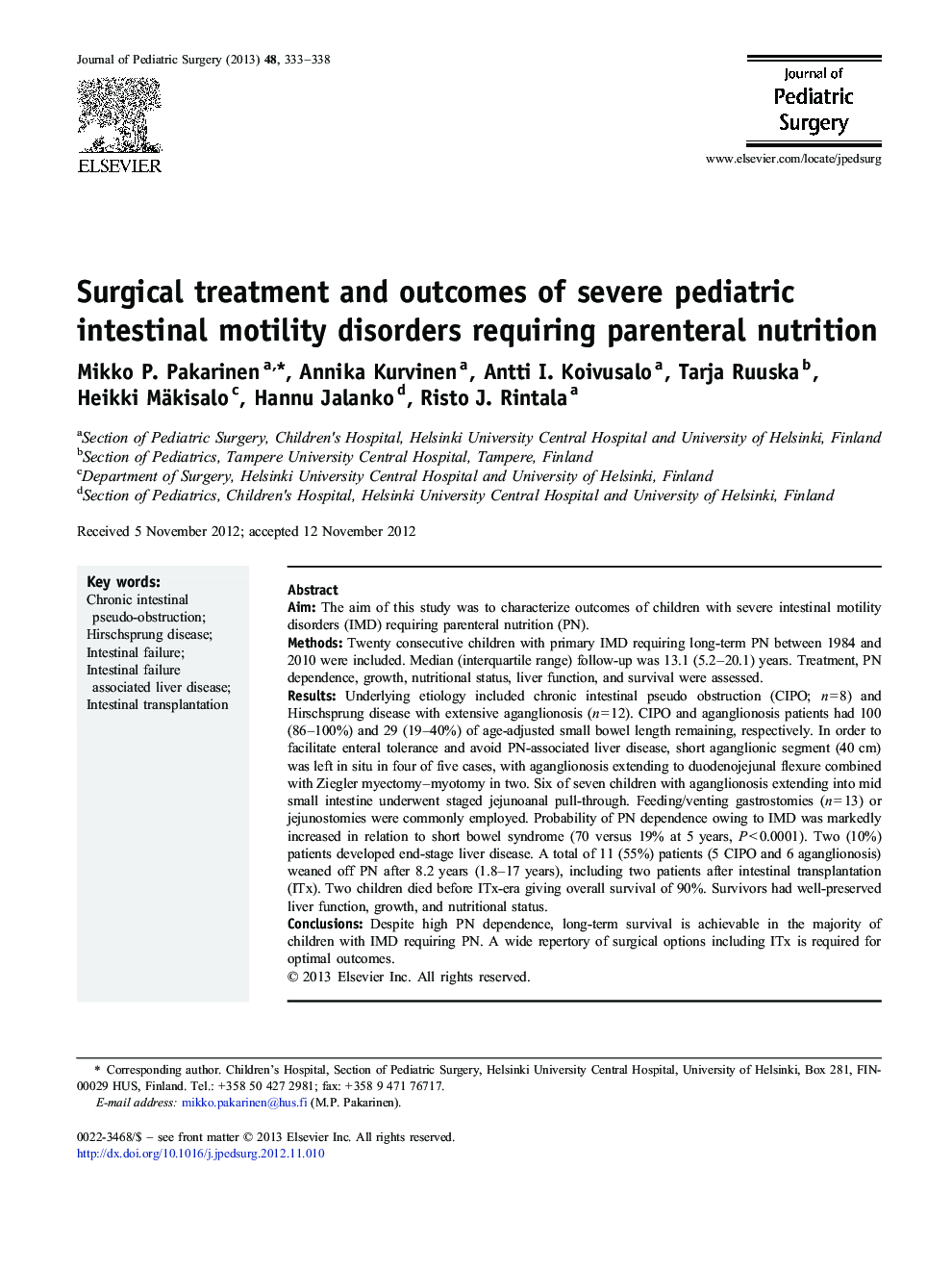 Surgical treatment and outcomes of severe pediatric intestinal motility disorders requiring parenteral nutrition