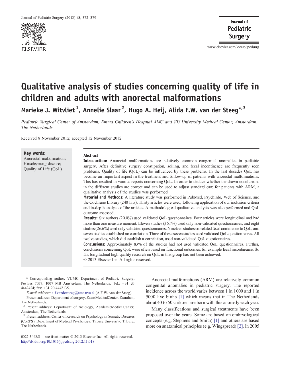 Qualitative analysis of studies concerning quality of life in children and adults with anorectal malformations