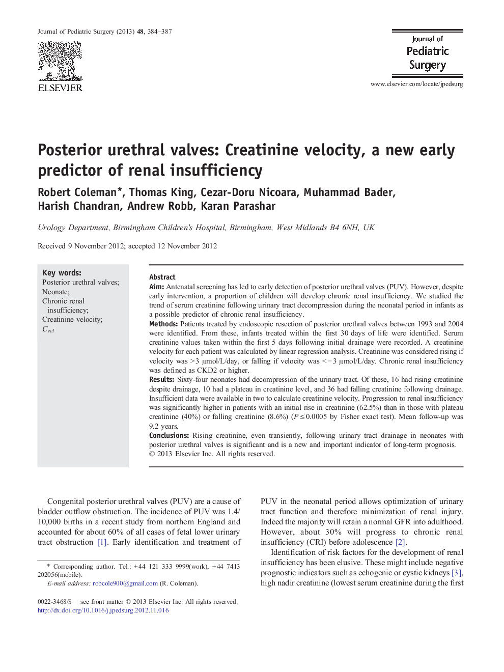 Posterior urethral valves: Creatinine velocity, a new early predictor of renal insufficiency