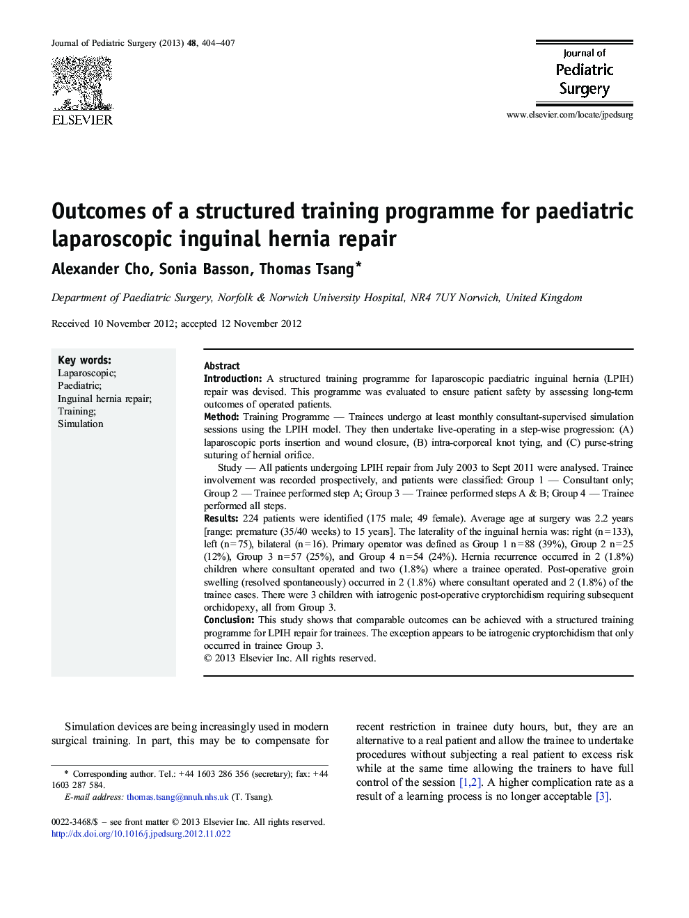 Outcomes of a structured training programme for paediatric laparoscopic inguinal hernia repair