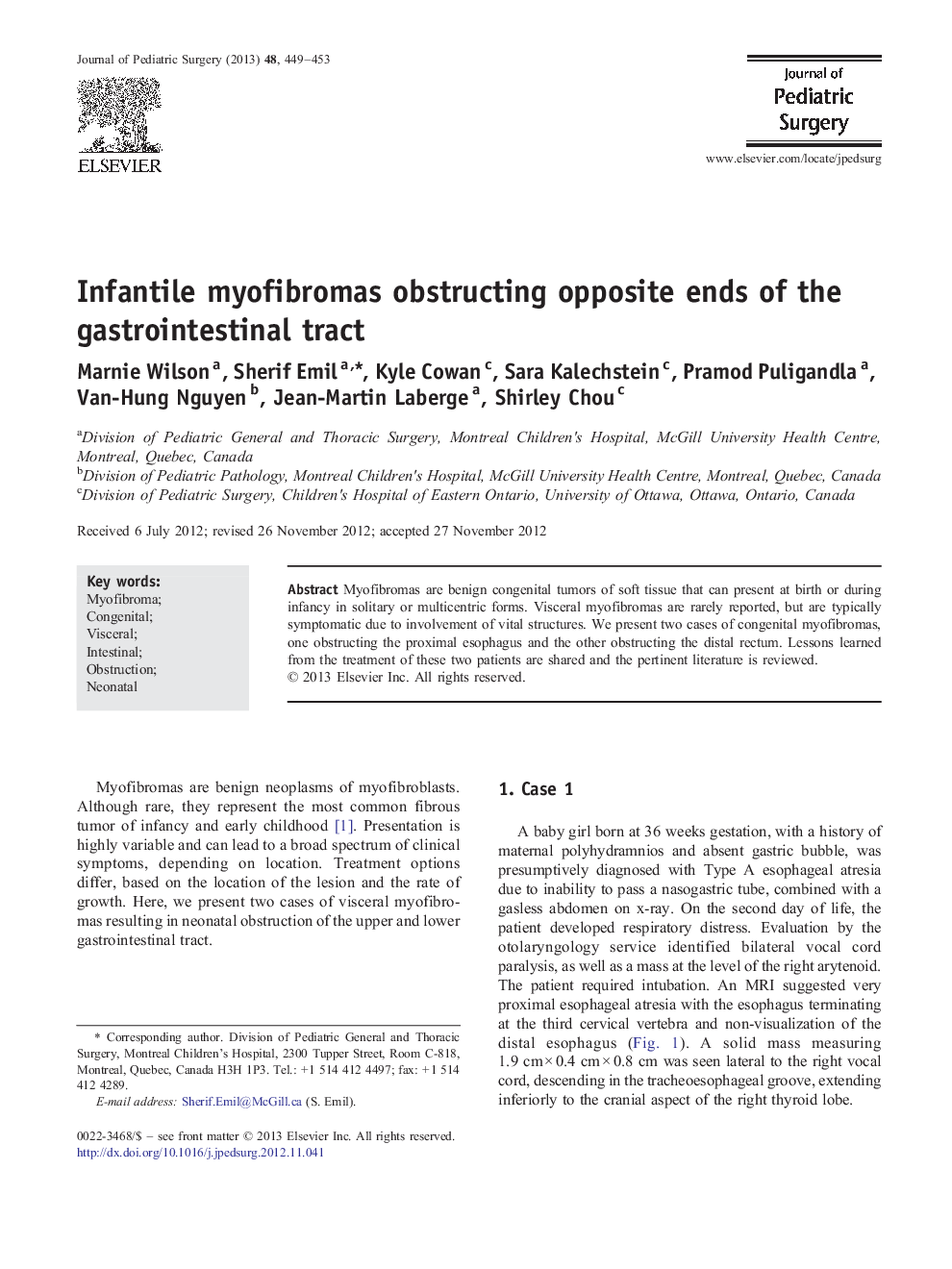 Infantile myofibromas obstructing opposite ends of the gastrointestinal tract