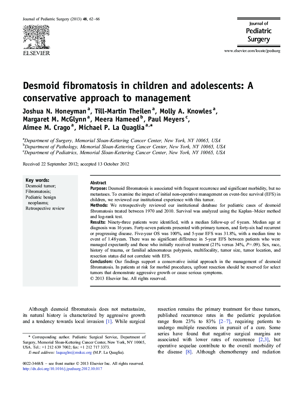 Desmoid fibromatosis in children and adolescents: A conservative approach to management