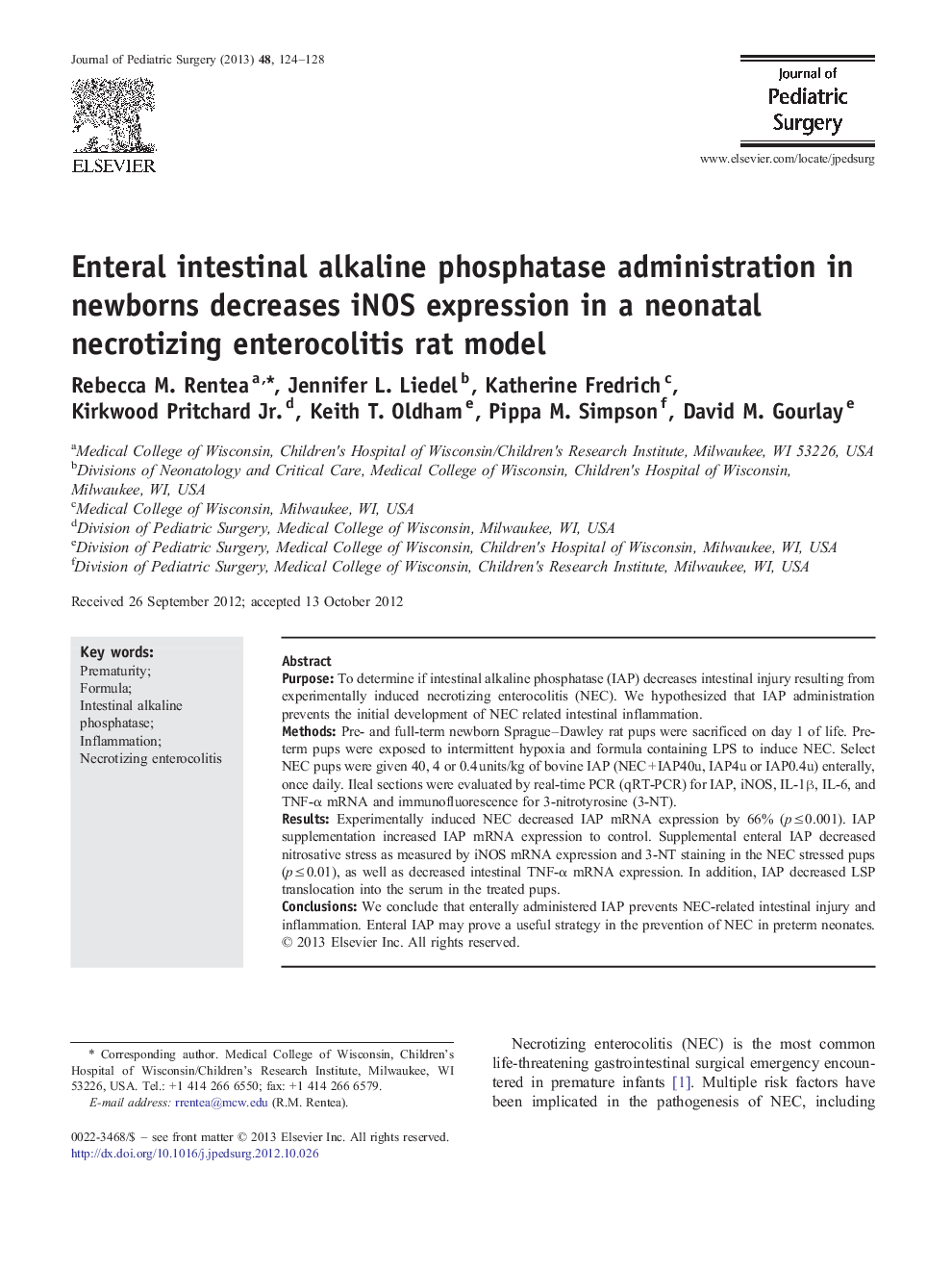 Enteral intestinal alkaline phosphatase administration in newborns decreases iNOS expression in a neonatal necrotizing enterocolitis rat model