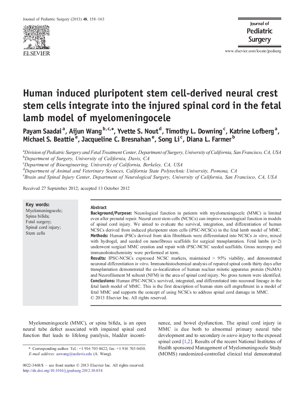 Human induced pluripotent stem cell-derived neural crest stem cells integrate into the injured spinal cord in the fetal lamb model of myelomeningocele