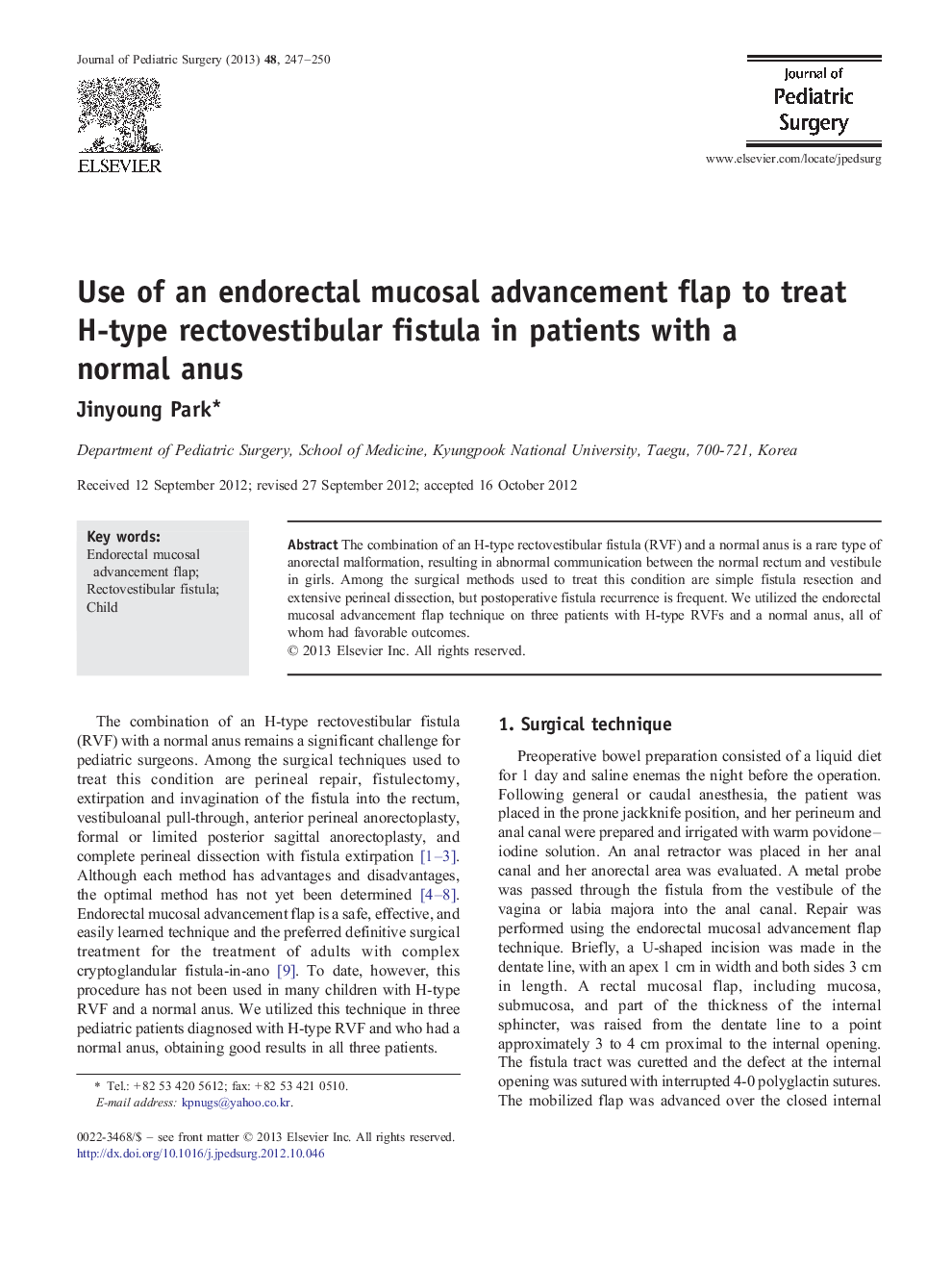 Use of an endorectal mucosal advancement flap to treat H-type rectovestibular fistula in patients with a normal anus