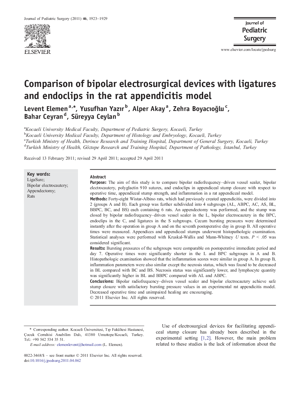 Comparison of bipolar electrosurgical devices with ligatures and endoclips in the rat appendicitis model