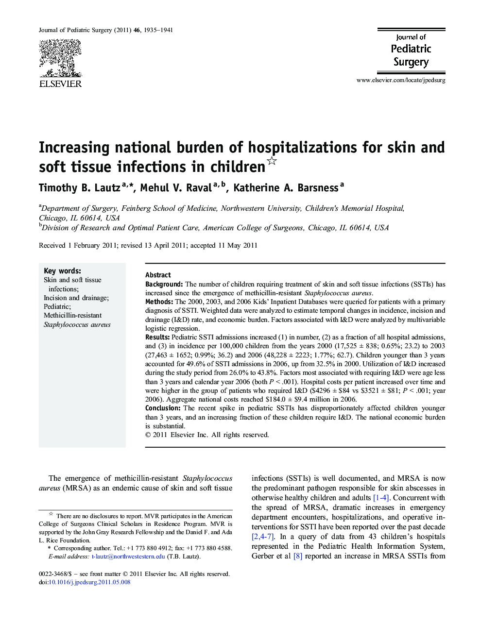 Increasing national burden of hospitalizations for skin and soft tissue infections in children 