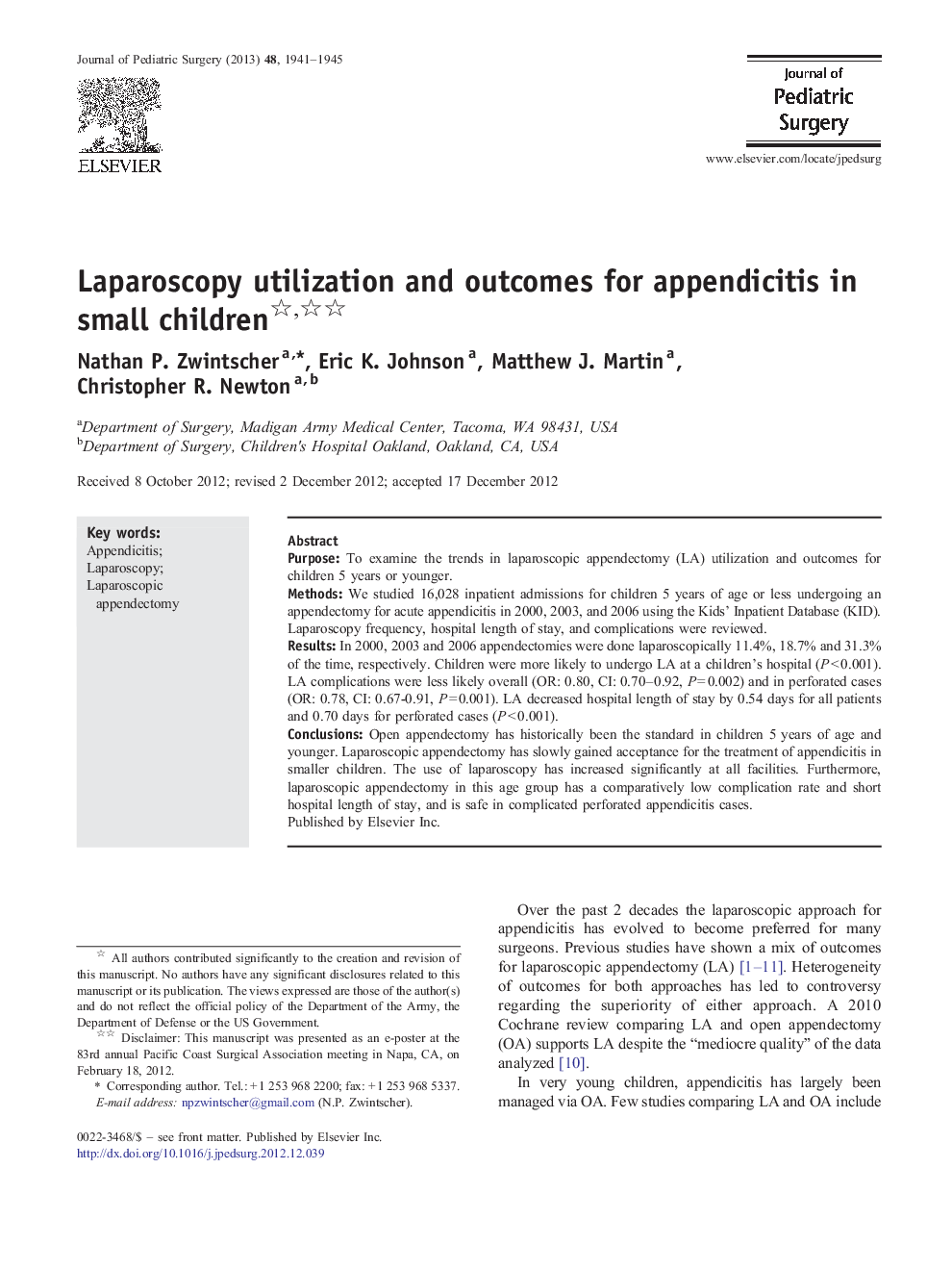 Laparoscopy utilization and outcomes for appendicitis in small children 