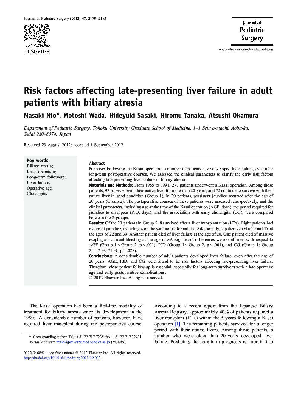 Risk factors affecting late-presenting liver failure in adult patients with biliary atresia