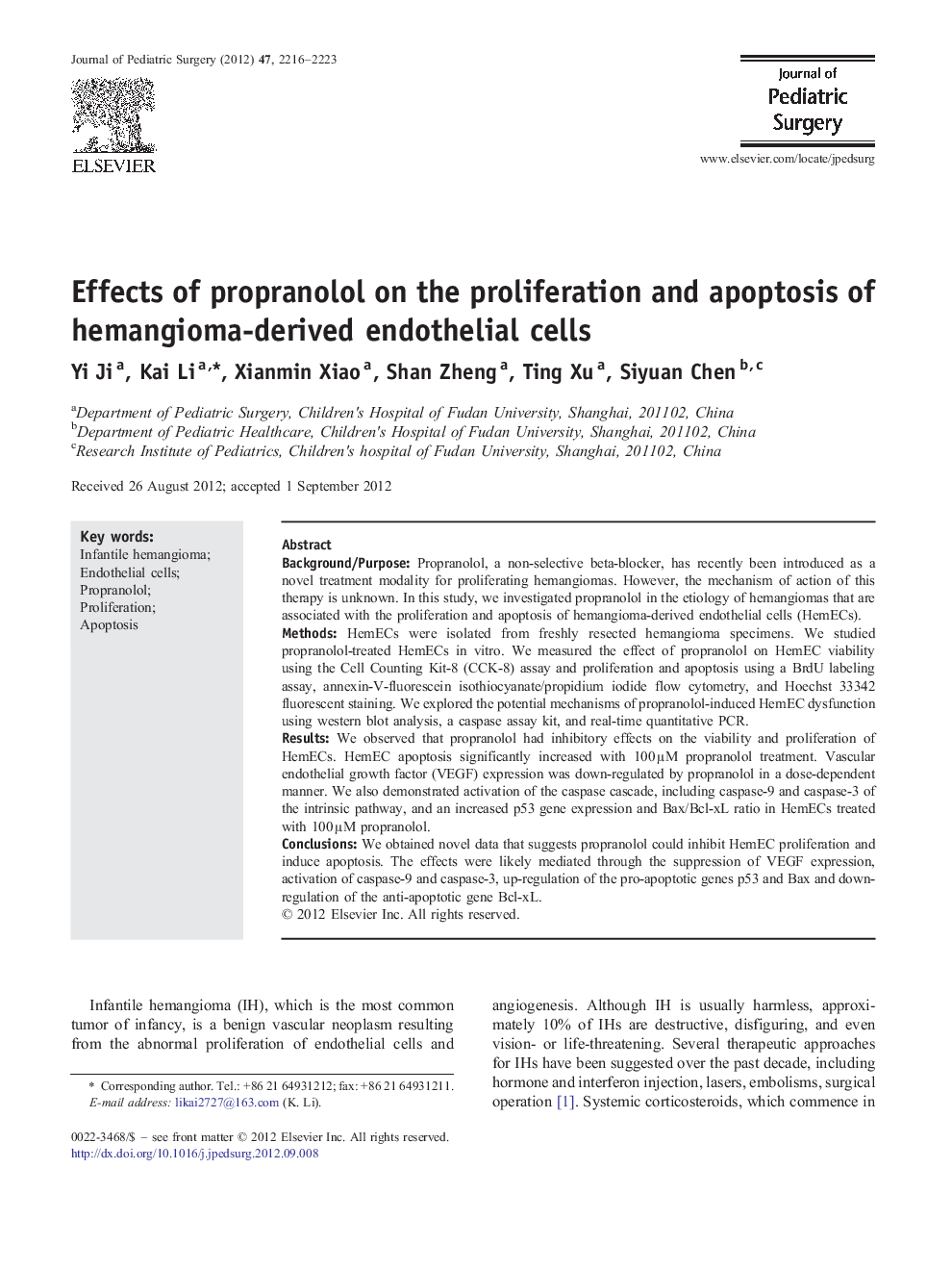 عکس صفحه اول مقاله: Effects of propranolol on the proliferation and apoptosis of hemangioma-derived endothelial cells Effects of propranolol on the proliferation and apoptosis of hemangioma-derived endothelial cells