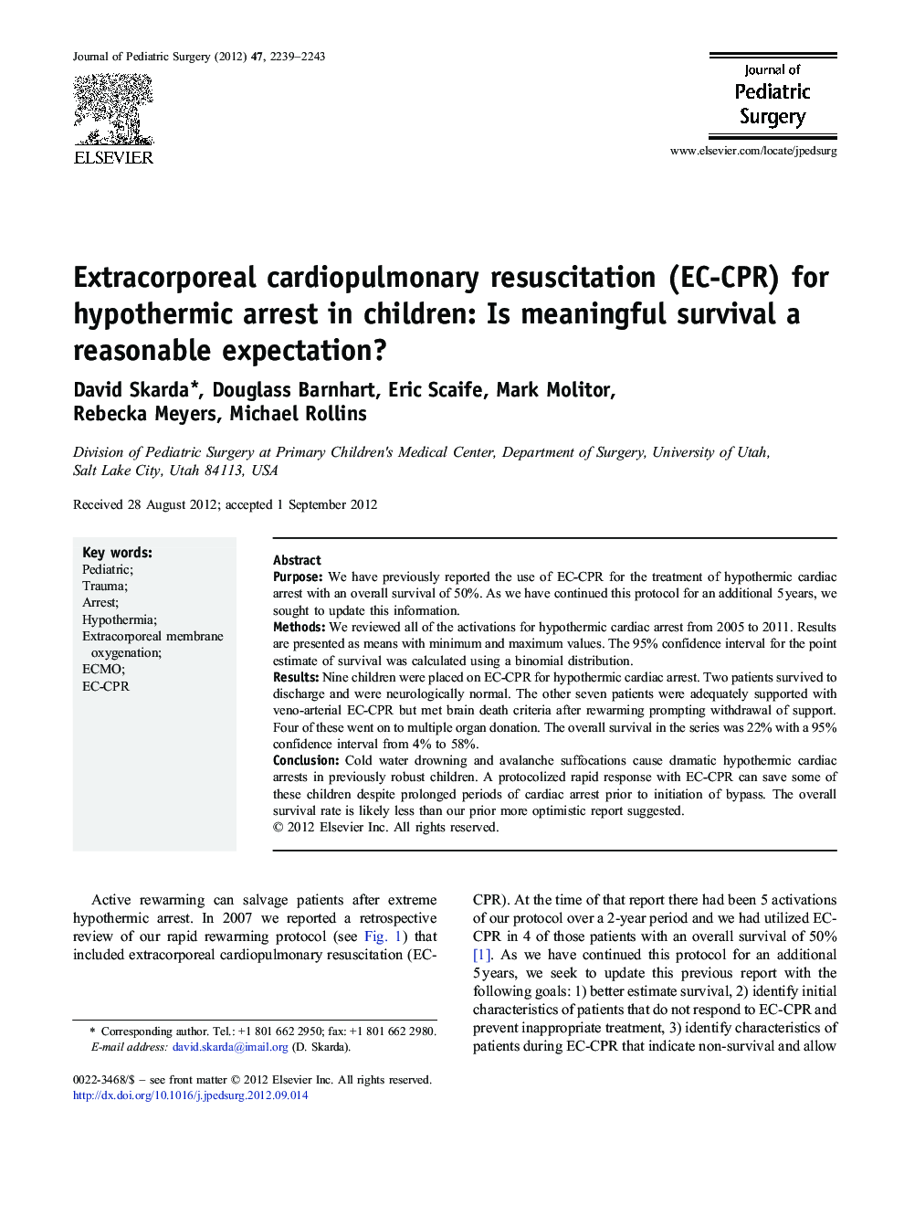 Extracorporeal cardiopulmonary resuscitation (EC-CPR) for hypothermic arrest in children: Is meaningful survival a reasonable expectation?