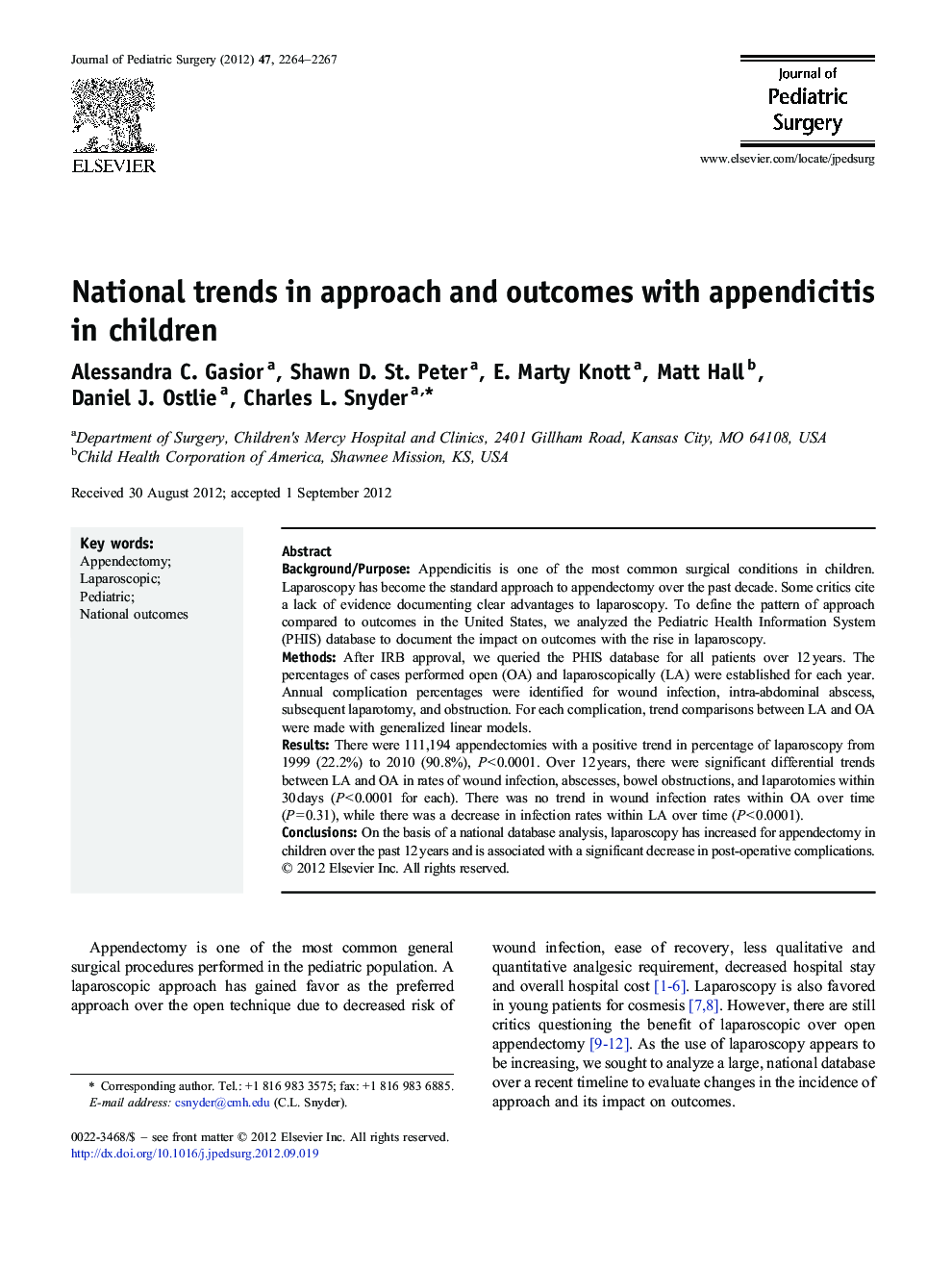 National trends in approach and outcomes with appendicitis in children