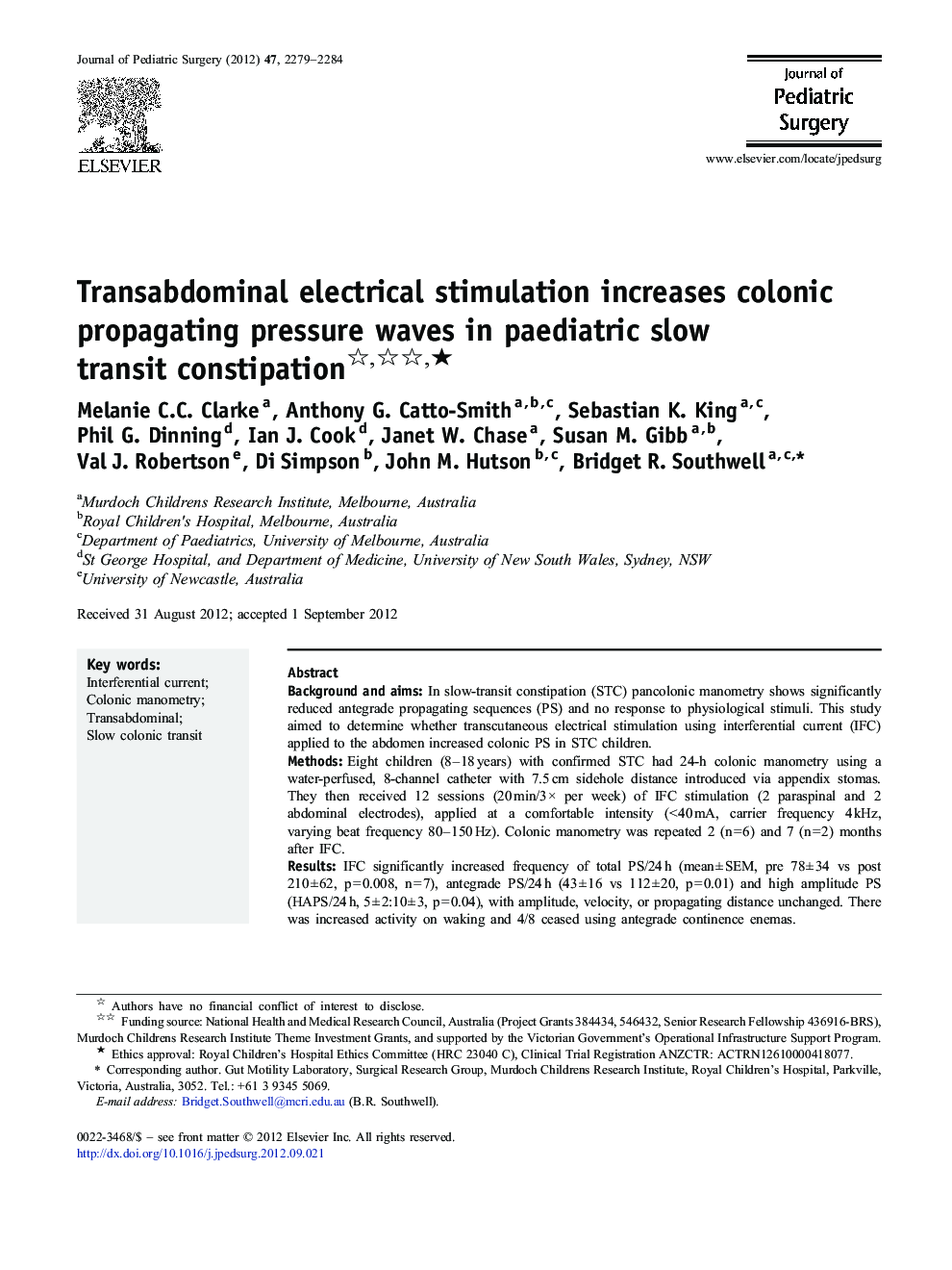 Transabdominal electrical stimulation increases colonic propagating pressure waves in paediatric slow transit constipation ★