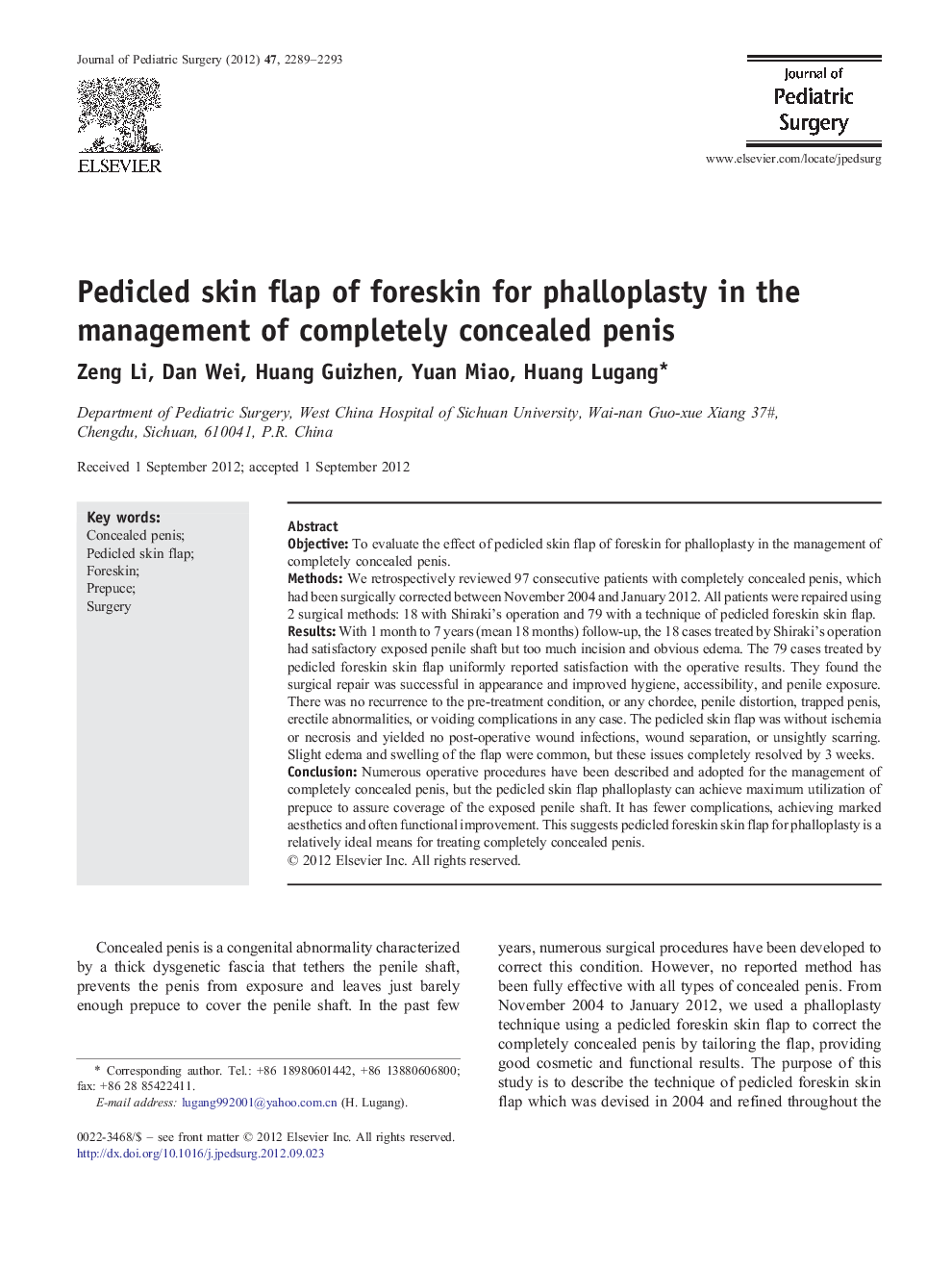 Pedicled skin flap of foreskin for phalloplasty in the management of completely concealed penis