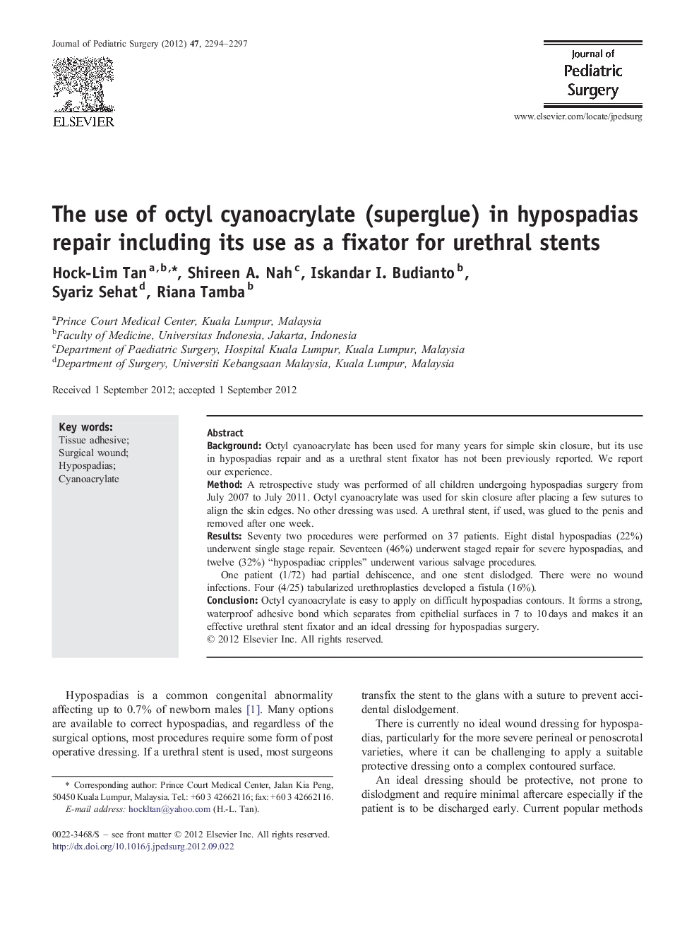 The use of octyl cyanoacrylate (superglue) in hypospadias repair including its use as a fixator for urethral stents