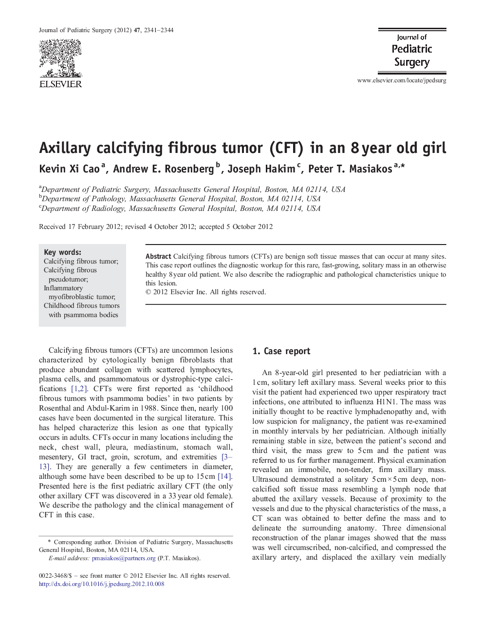 Axillary calcifying fibrous tumor (CFT) in an 8 year old girl