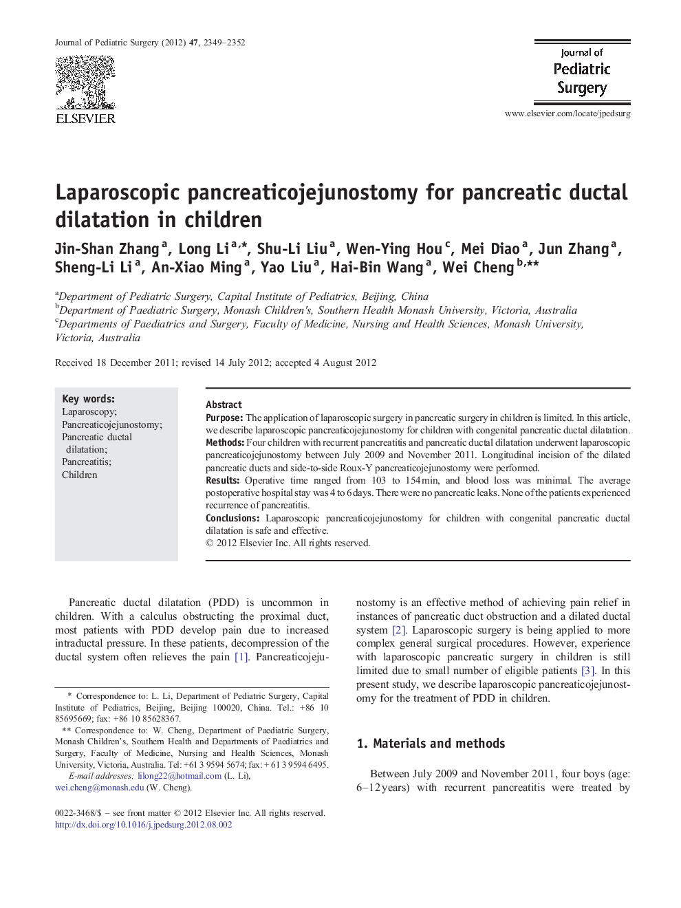 Laparoscopic pancreaticojejunostomy for pancreatic ductal dilatation in children