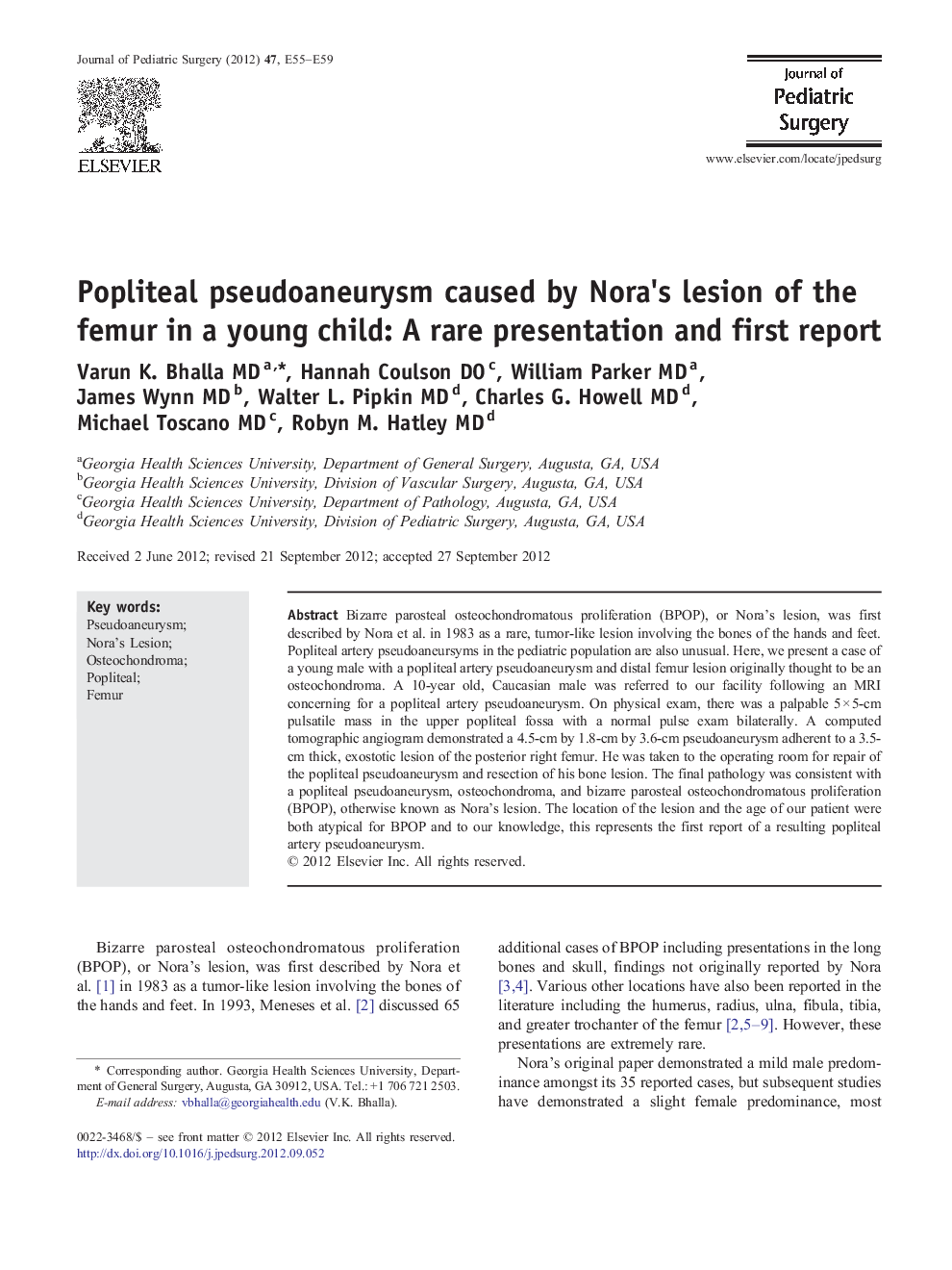 Popliteal pseudoaneurysm caused by Nora's lesion of the femur in a young child: A rare presentation and first report