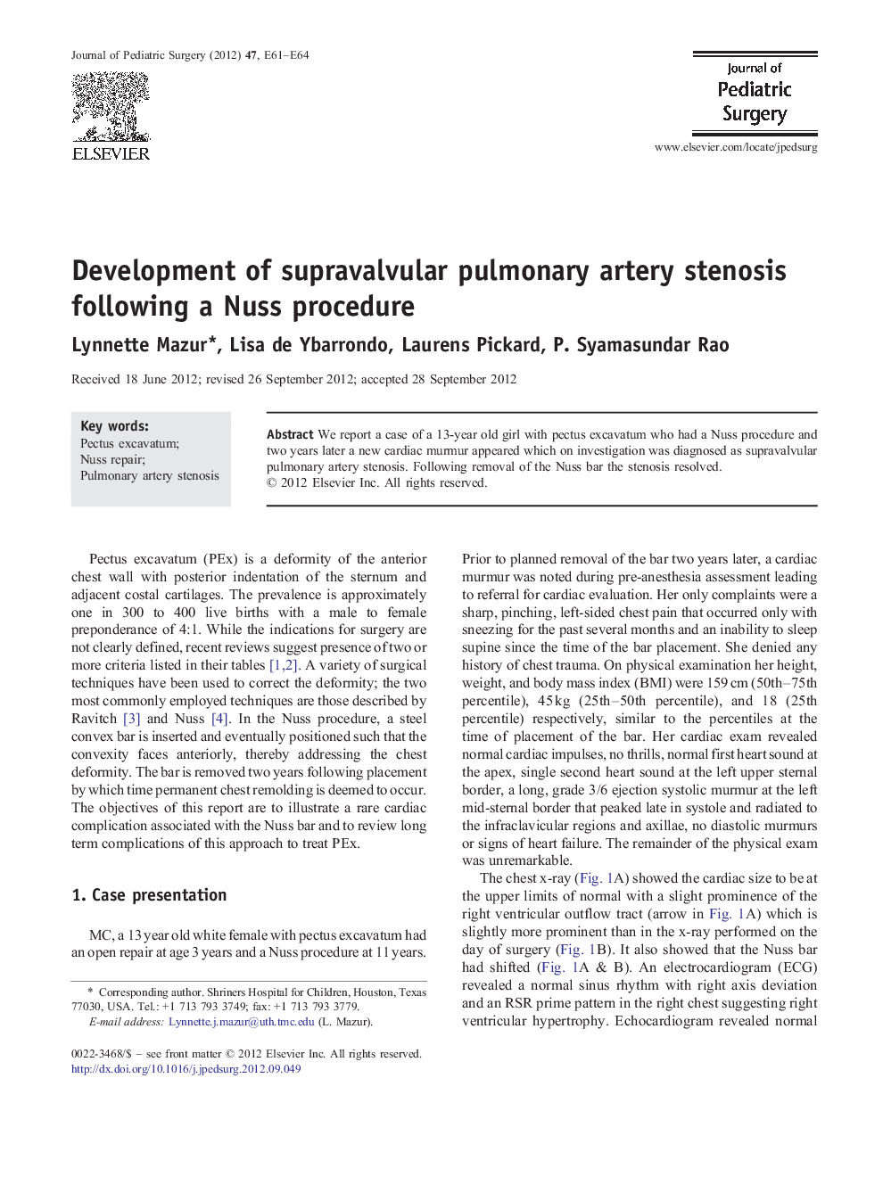 Development of supravalvular pulmonary artery stenosis following a Nuss procedure