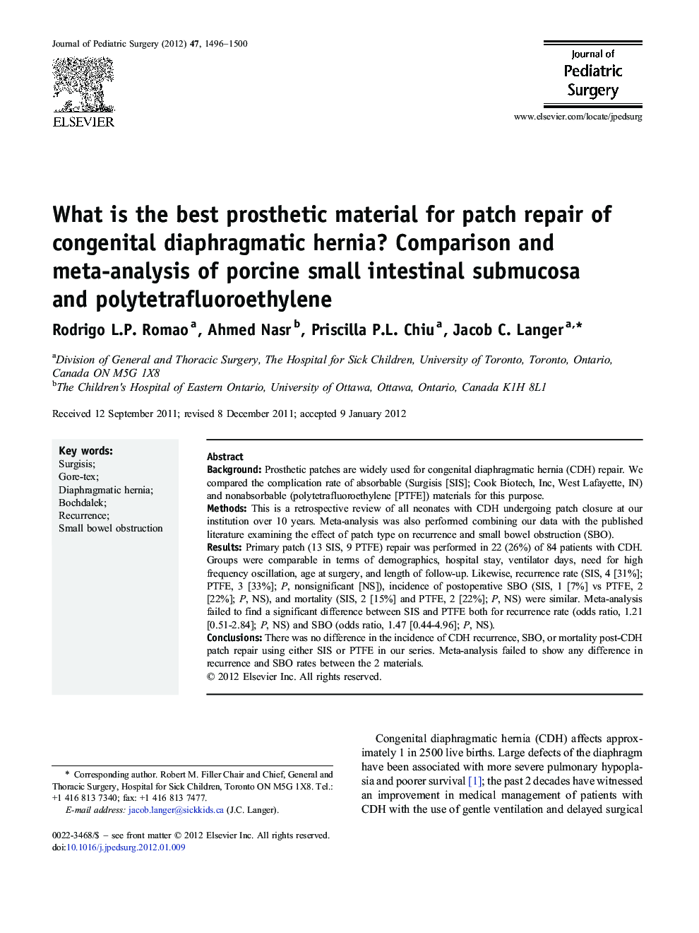 What is the best prosthetic material for patch repair of congenital diaphragmatic hernia? Comparison and meta-analysis of porcine small intestinal submucosa and polytetrafluoroethylene