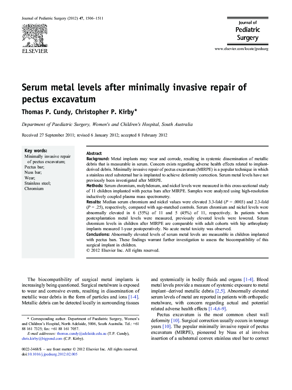 Serum metal levels after minimally invasive repair of pectus excavatum