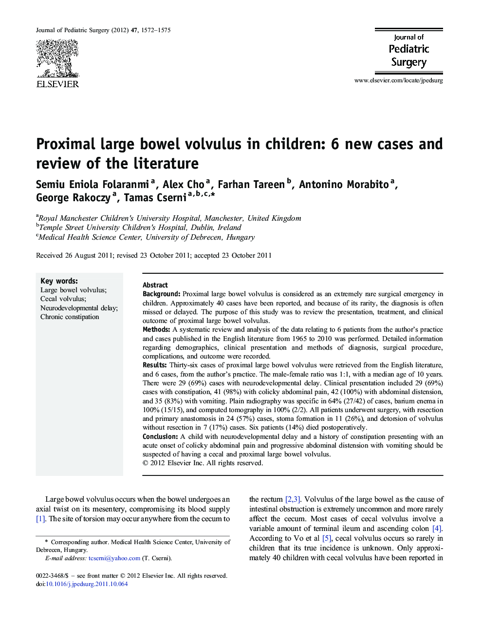 Proximal large bowel volvulus in children: 6 new cases and review of the literature