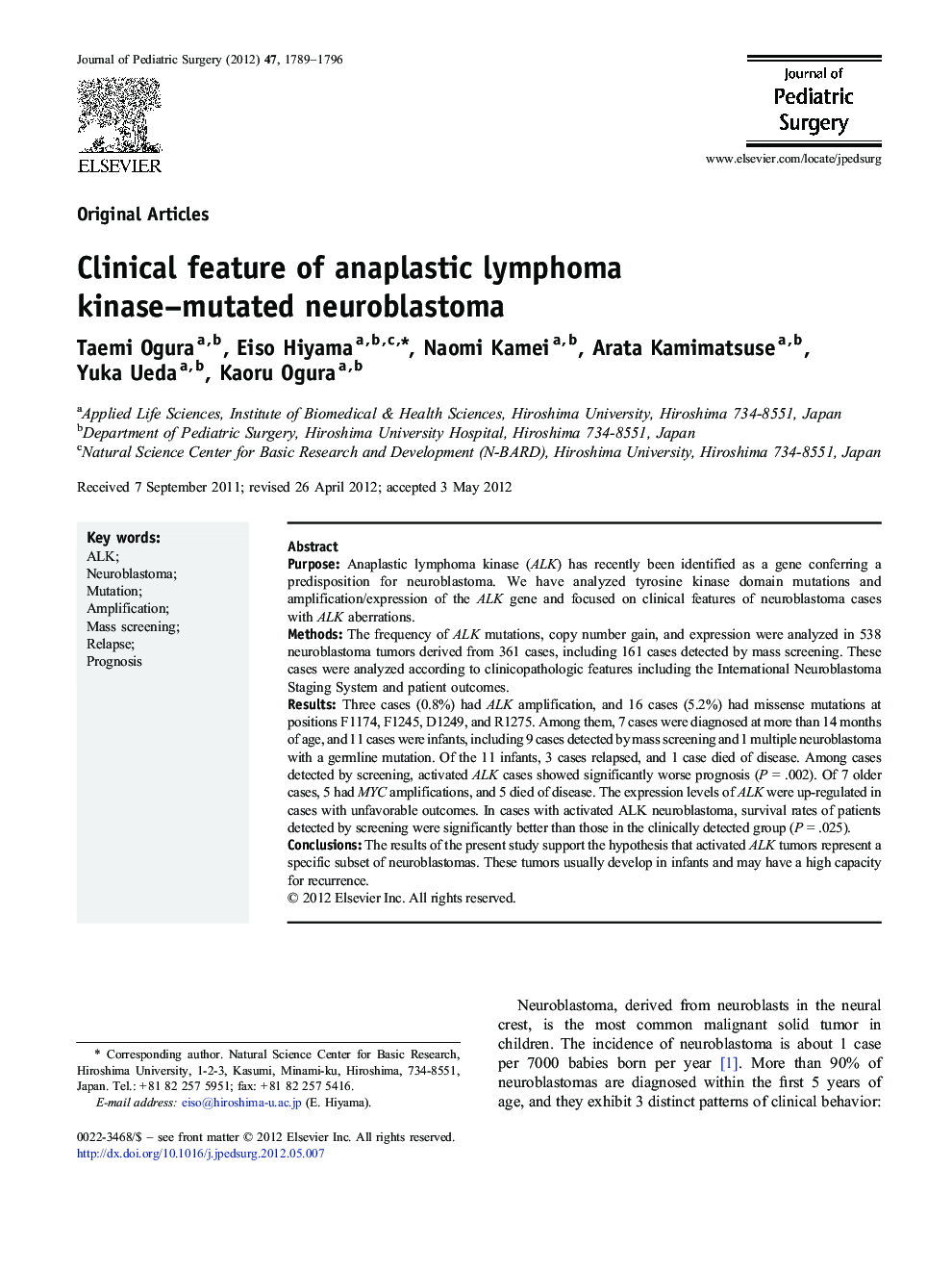 Clinical feature of anaplastic lymphoma kinase–mutated neuroblastoma