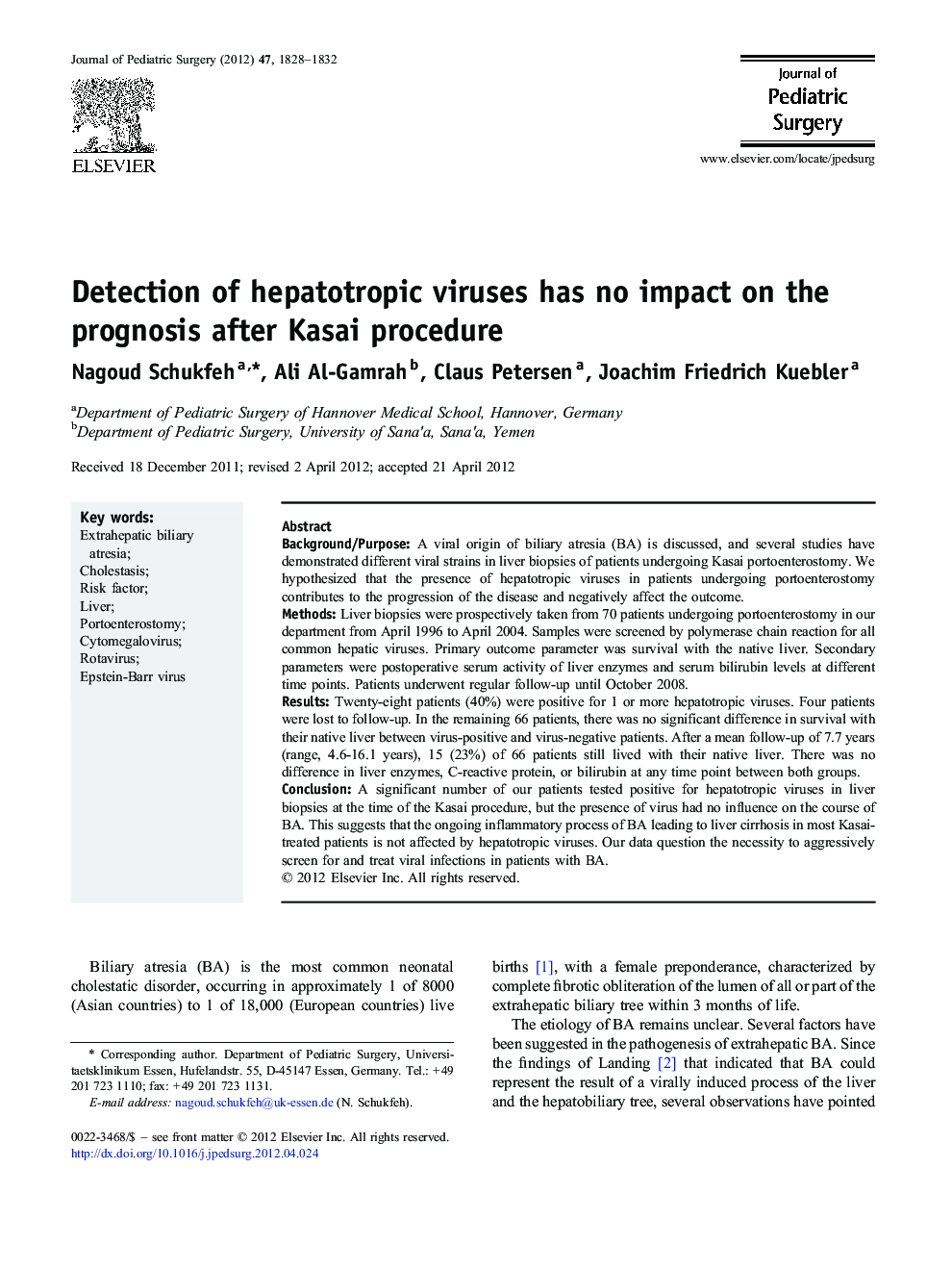 Detection of hepatotropic viruses has no impact on the prognosis after Kasai procedure