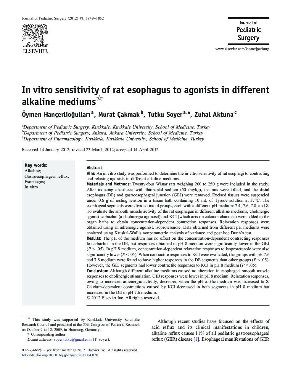 In vitro sensitivity of rat esophagus to agonists in different alkaline mediums 