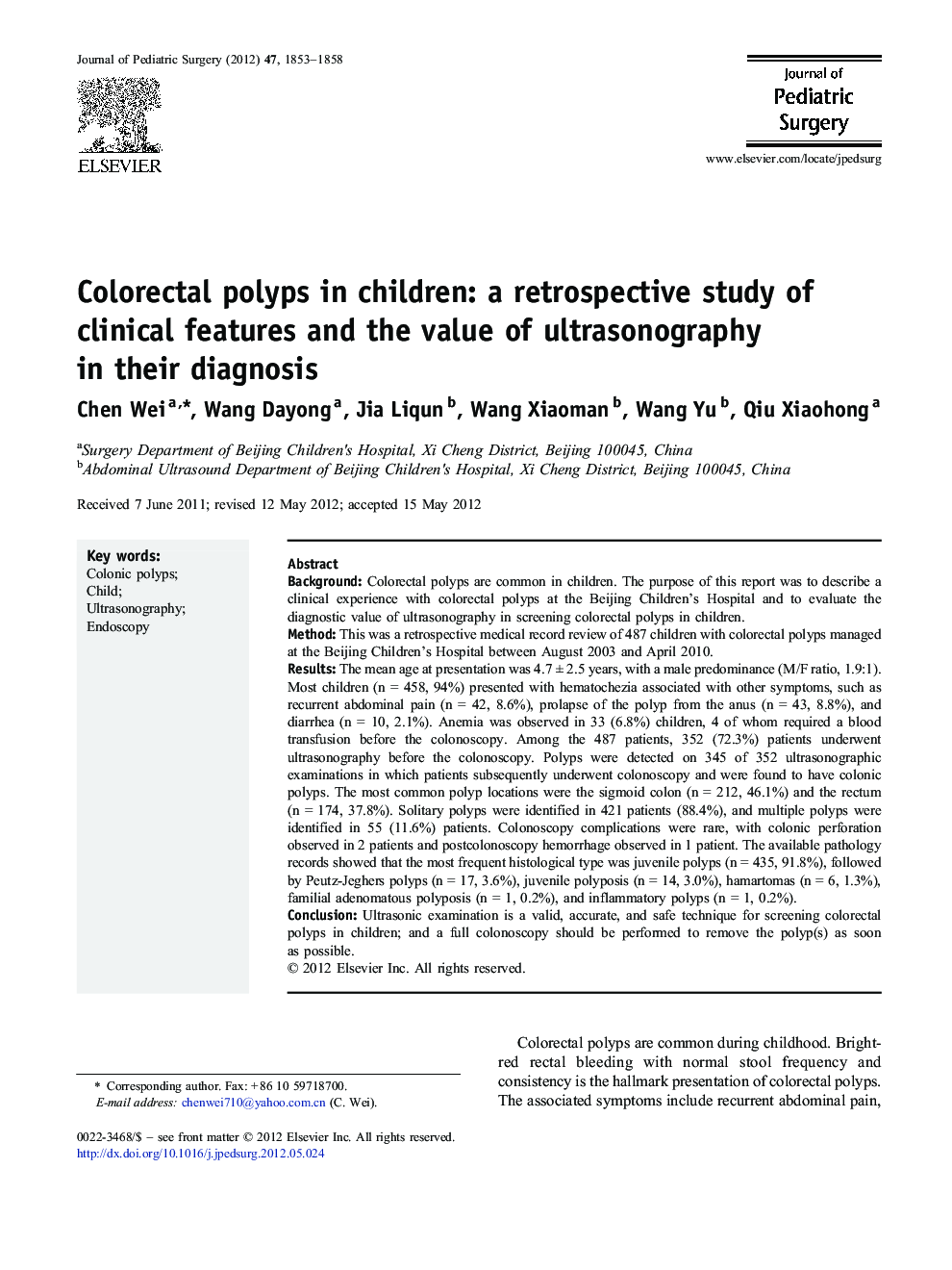 Colorectal polyps in children: a retrospective study of clinical features and the value of ultrasonography in their diagnosis