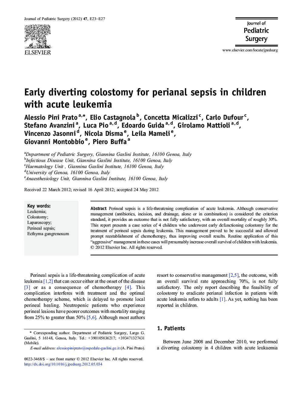 Early diverting colostomy for perianal sepsis in children with acute leukemia