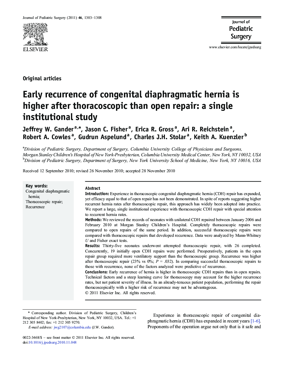 Early recurrence of congenital diaphragmatic hernia is higher after thoracoscopic than open repair: a single institutional study