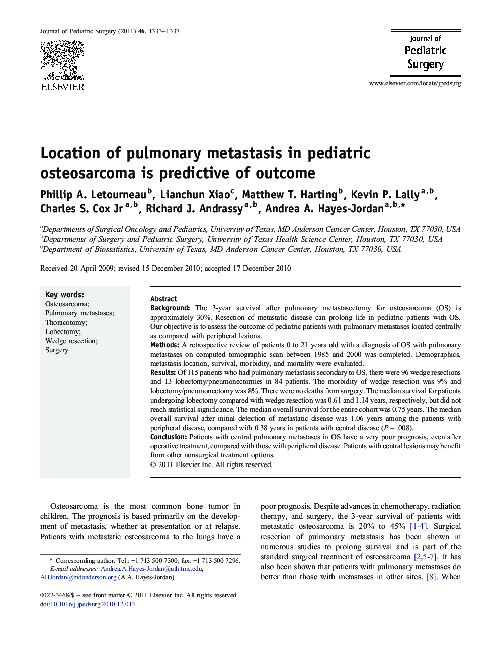 Location of pulmonary metastasis in pediatric osteosarcoma is predictive of outcome