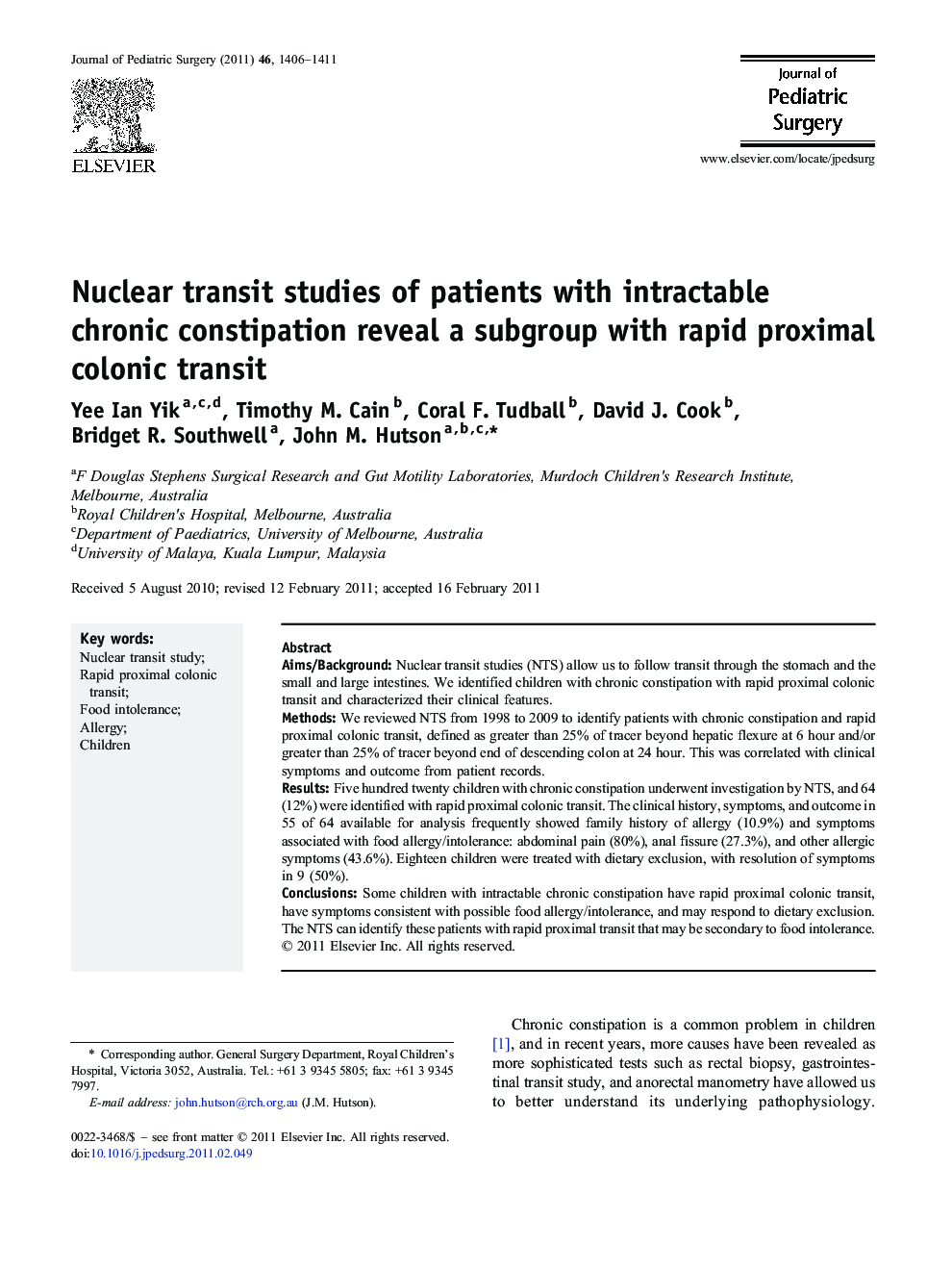 Nuclear transit studies of patients with intractable chronic constipation reveal a subgroup with rapid proximal colonic transit