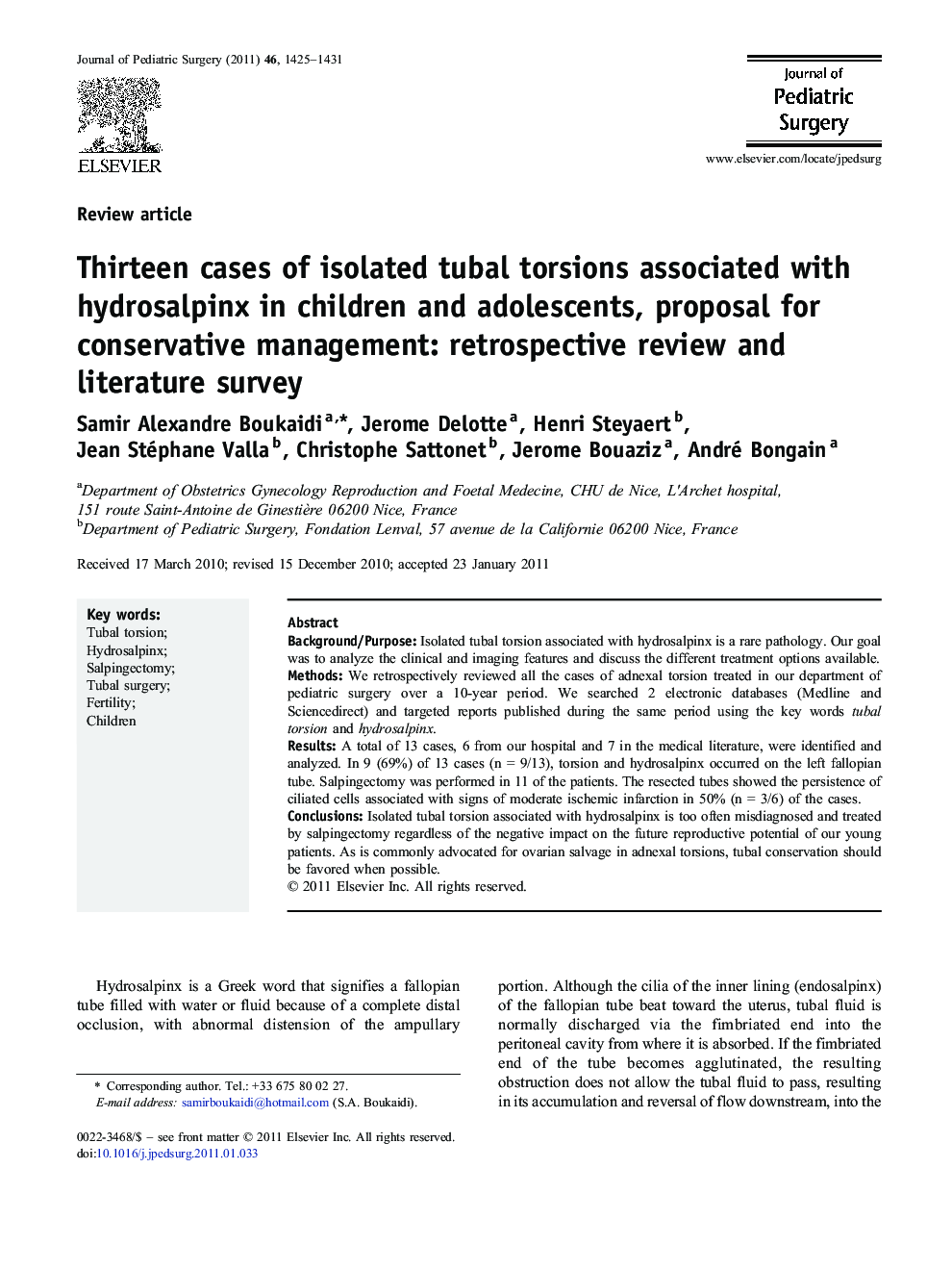 Thirteen cases of isolated tubal torsions associated with hydrosalpinx in children and adolescents, proposal for conservative management: retrospective review and literature survey