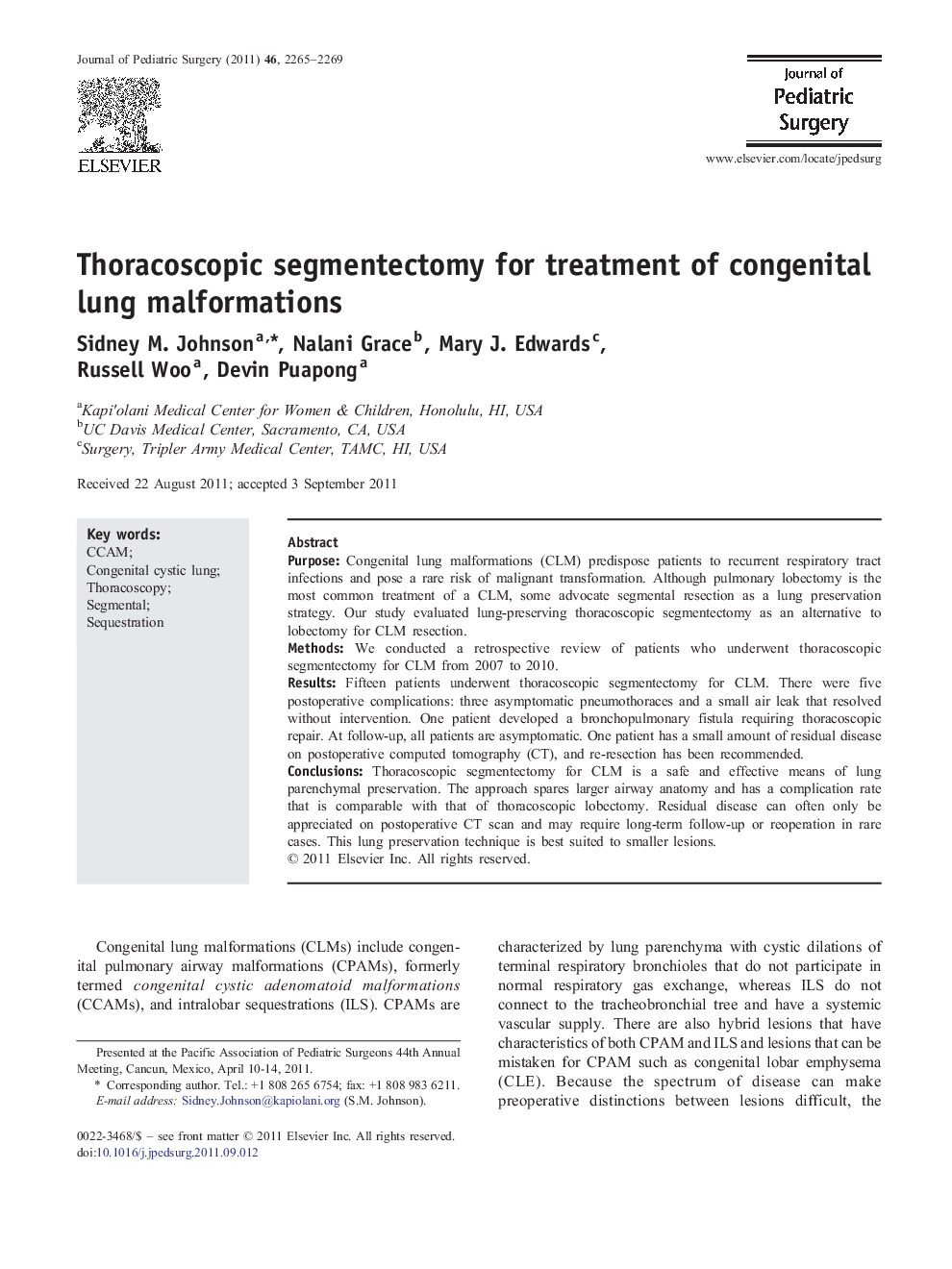 Thoracoscopic segmentectomy for treatment of congenital lung malformations 