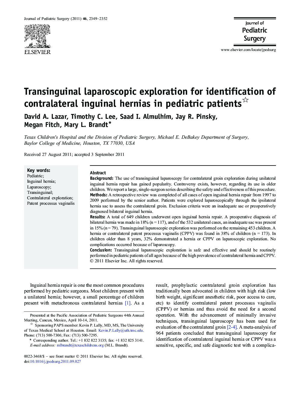 Transinguinal laparoscopic exploration for identification of contralateral inguinal hernias in pediatric patients 