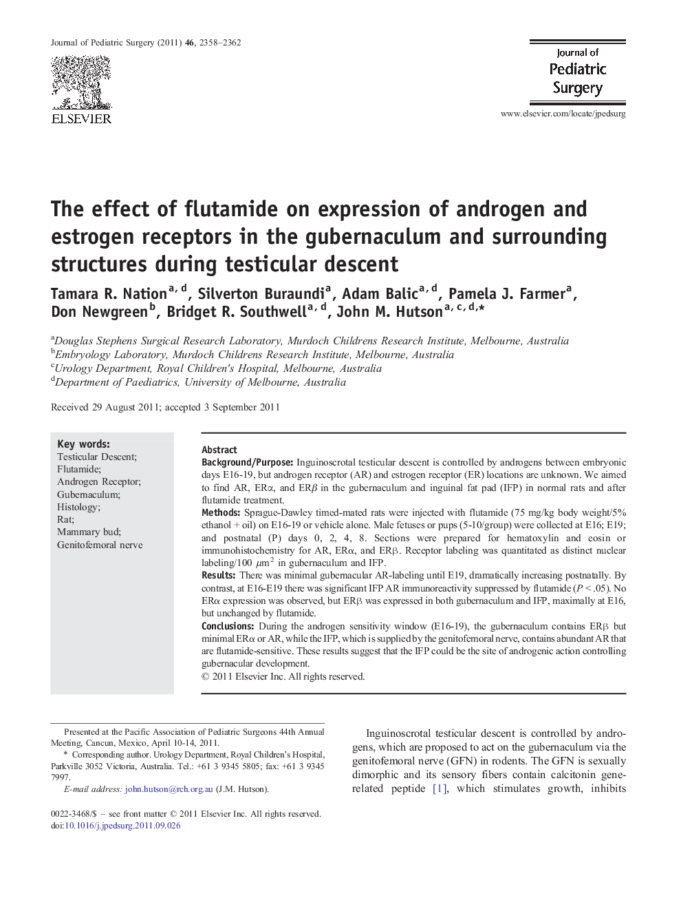 The effect of flutamide on expression of androgen and estrogen receptors in the gubernaculum and surrounding structures during testicular descent 