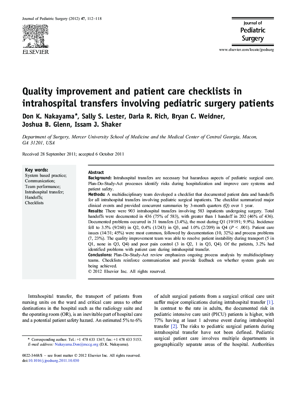 Quality improvement and patient care checklists in intrahospital transfers involving pediatric surgery patients