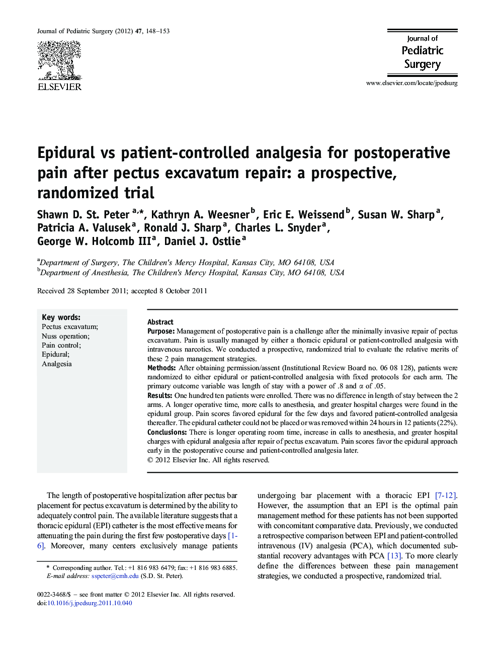 Epidural vs patient-controlled analgesia for postoperative pain after pectus excavatum repair: a prospective, randomized trial