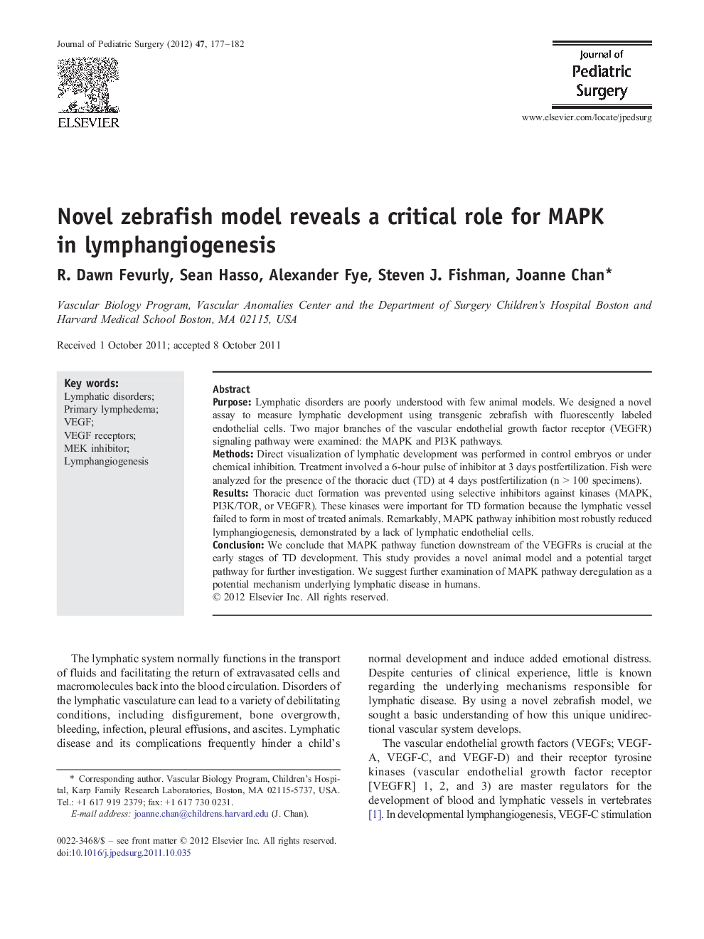 Novel zebrafish model reveals a critical role for MAPK in lymphangiogenesis