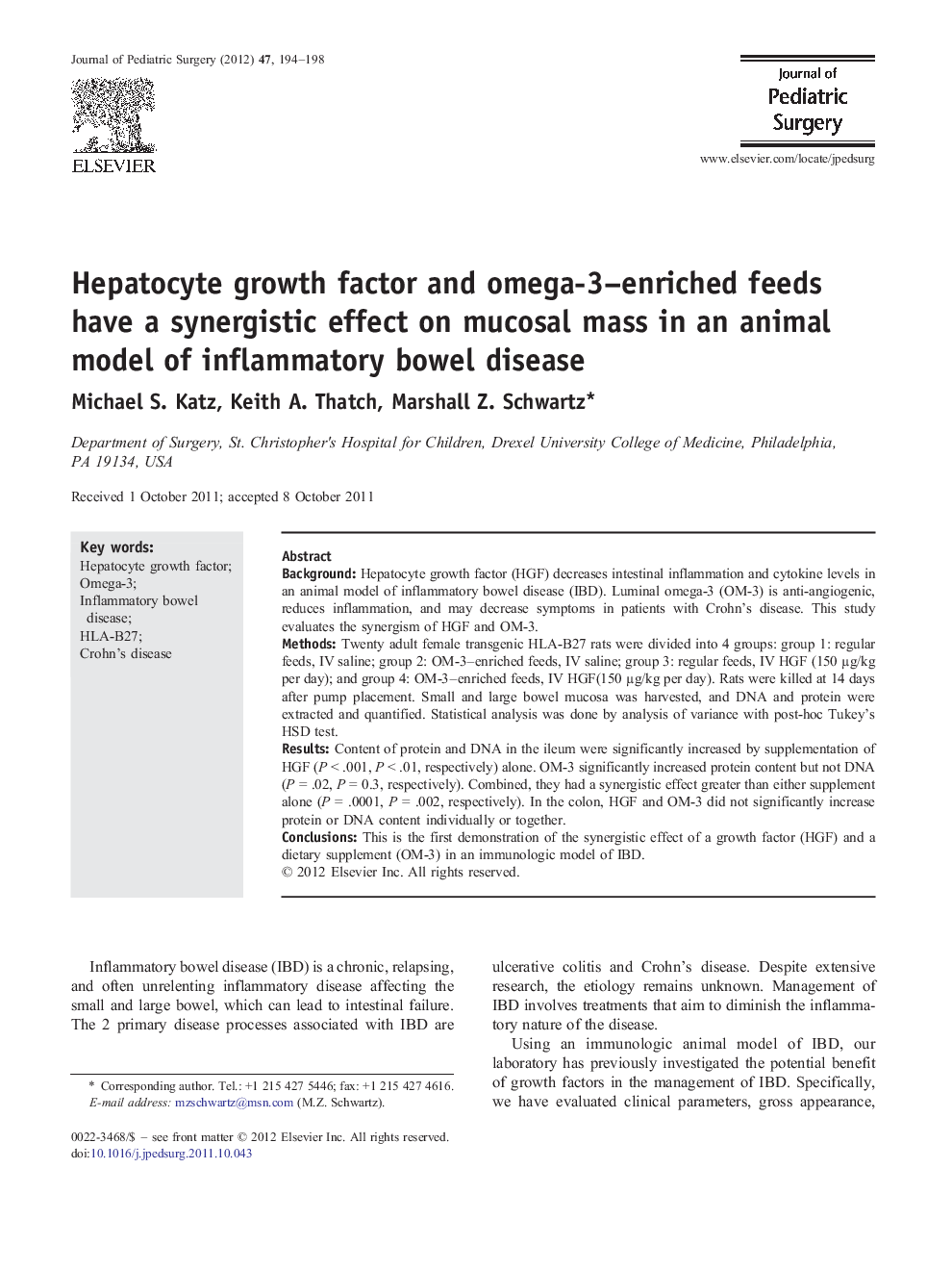 Hepatocyte growth factor and omega-3–enriched feeds have a synergistic effect on mucosal mass in an animal model of inflammatory bowel disease