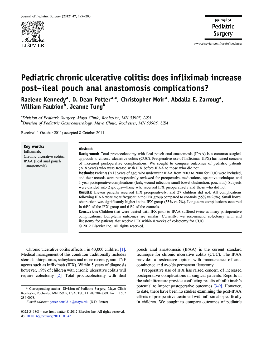 Pediatric chronic ulcerative colitis: does infliximab increase post–ileal pouch anal anastomosis complications?